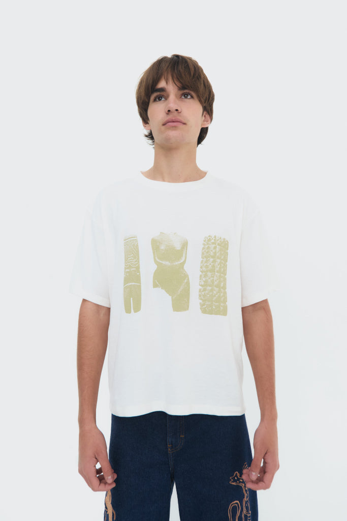 White cotton Sellos T-Shirt with Pre-Columbian inspired screen print, relaxed fit and crew neckline by Olga Fisch.
