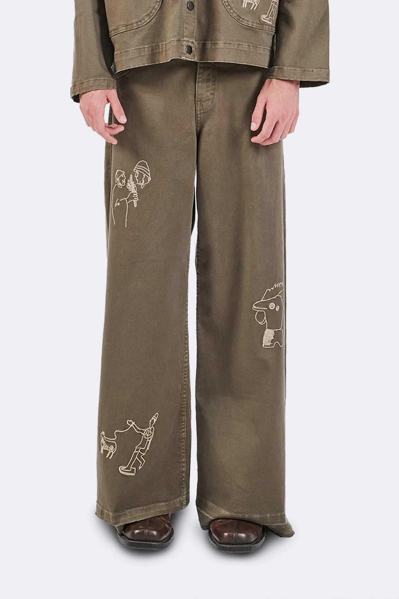 Front embroidered detail of Allpa Jeans in Moss