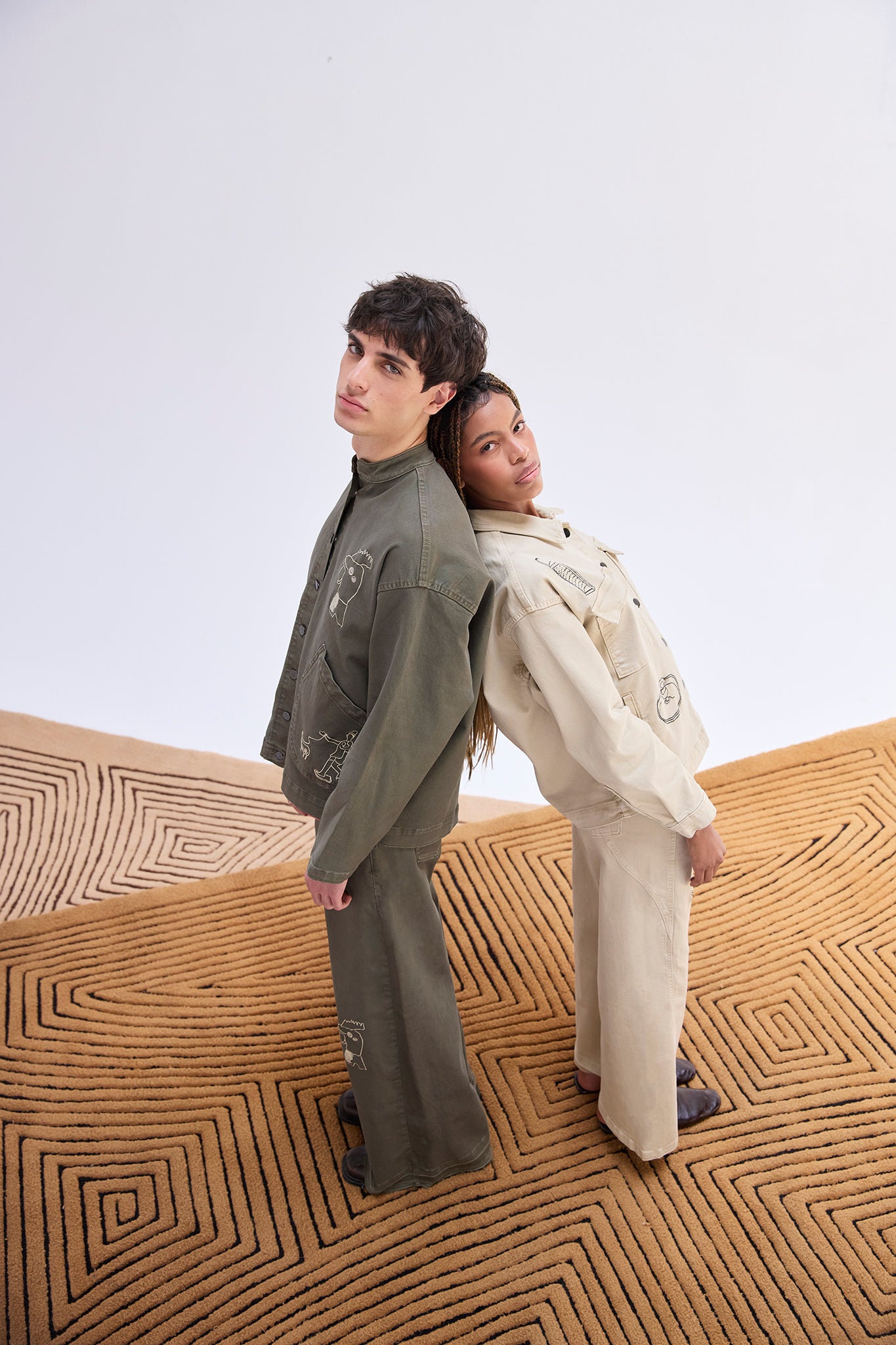 Allpa Mandarin Jacket and Jeans and trousers set in Moss and Payla Workman Jacket and Jeans.