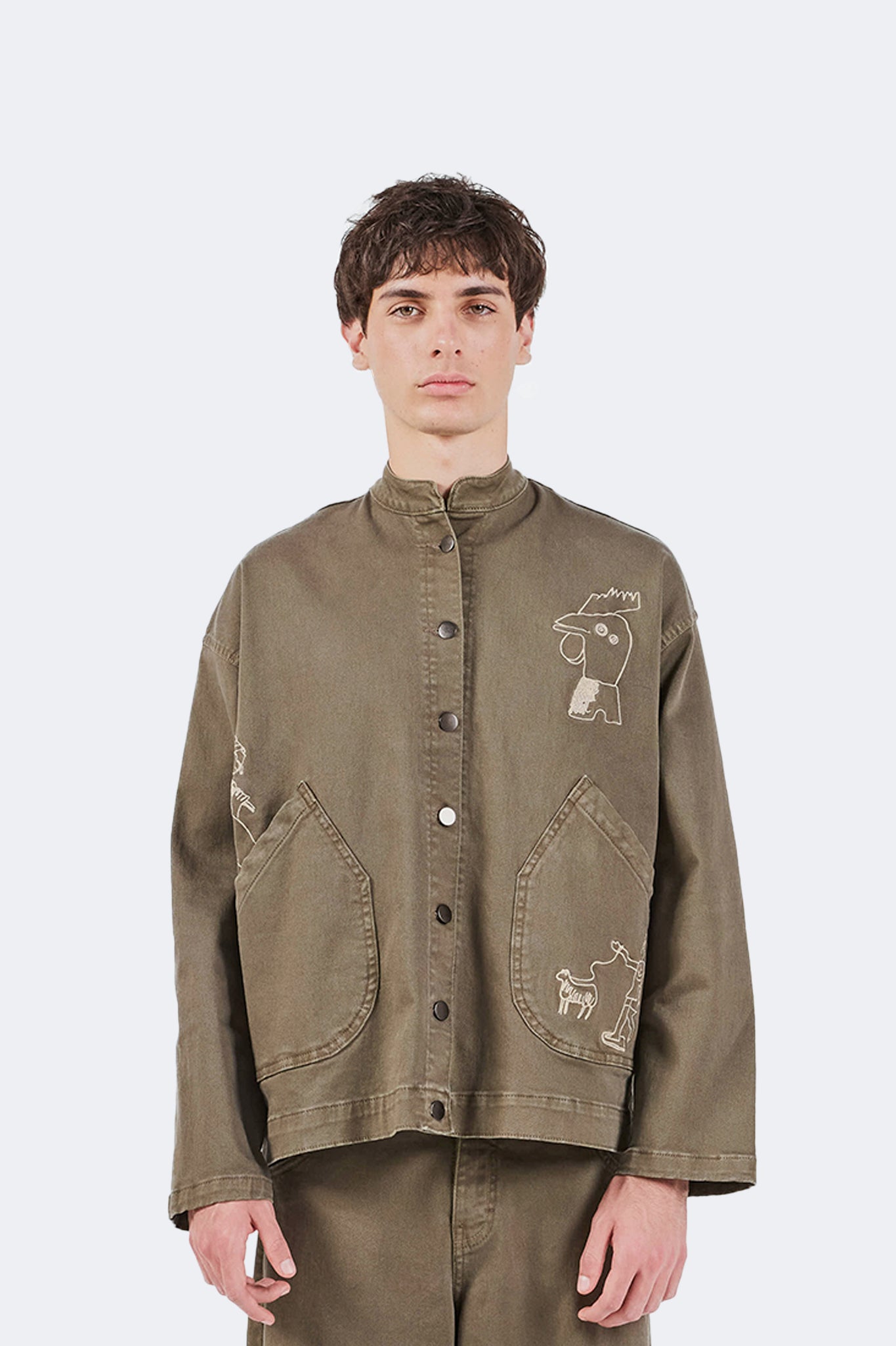 Allpa Mandarin Jacket in Moss with archive-inspired embroidery