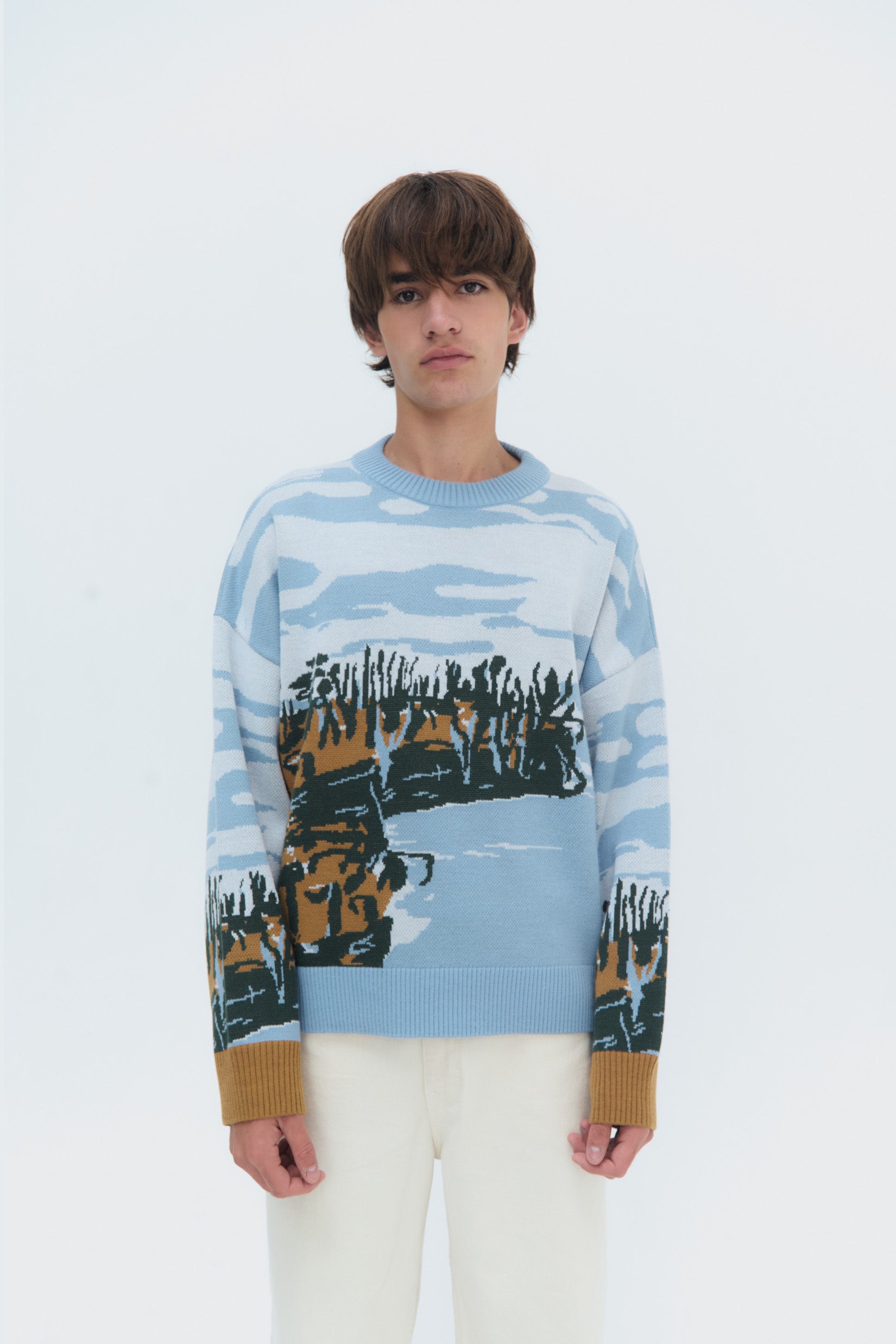 A male model wearing a crew neck knit sweater with an abstract design in green and orange tones, featuring a landscape.