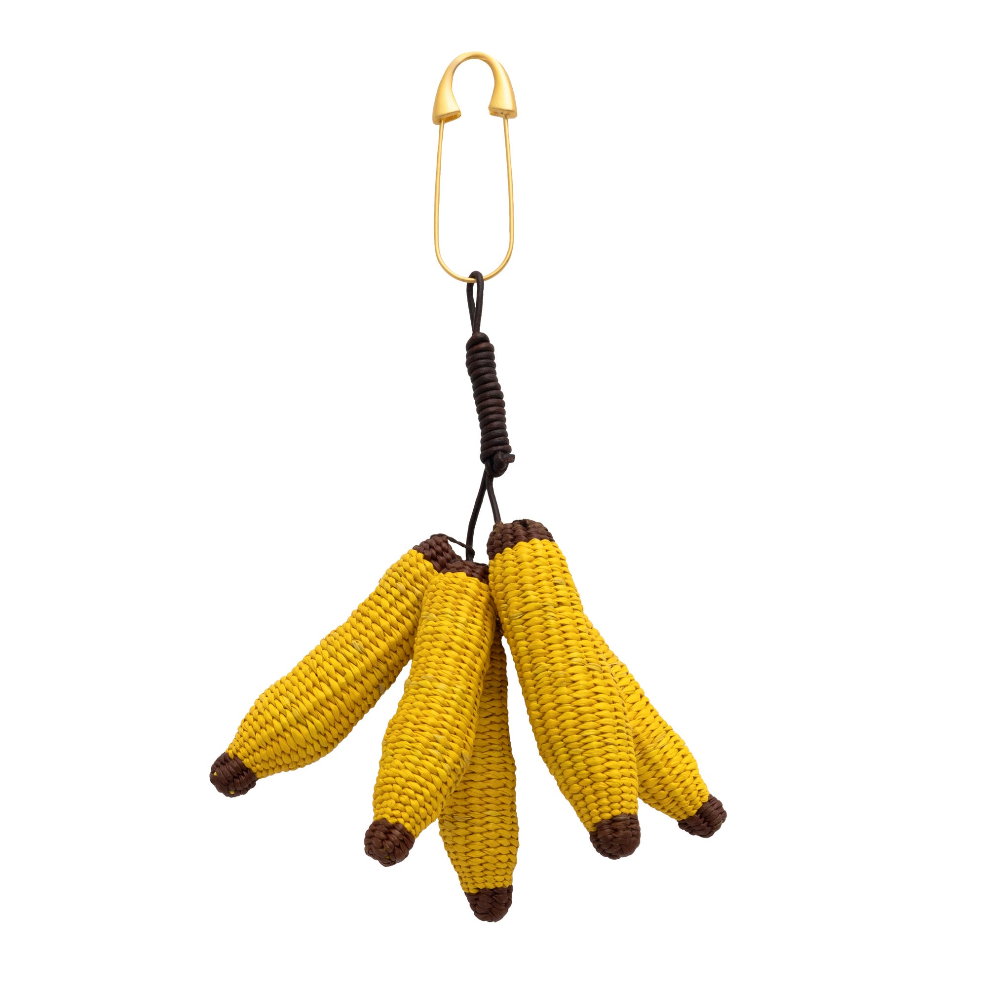 Bananas Toquilla Straw Bag Charm with handwoven yellow banana motifs, brown woven tips, leather cord and gold-tone metal clip.