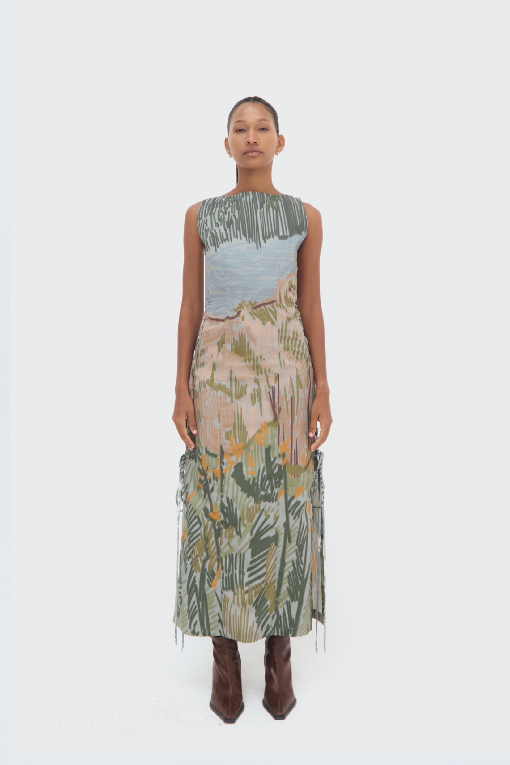 Front view of the Andean Abstract Dress by Olga Fisch with lace side panels