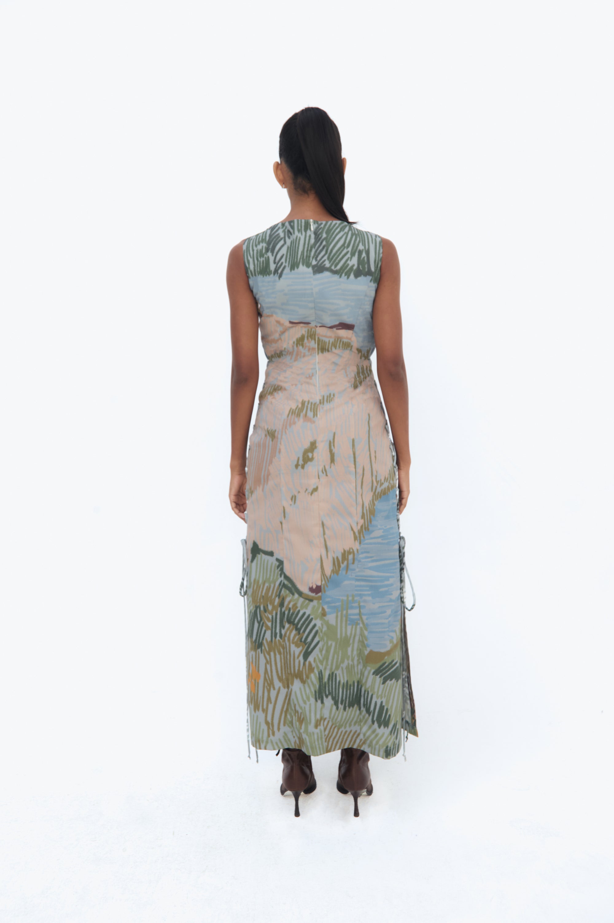 Backview of the Andean Abstract Dress by Olga Fisch with lace side panels