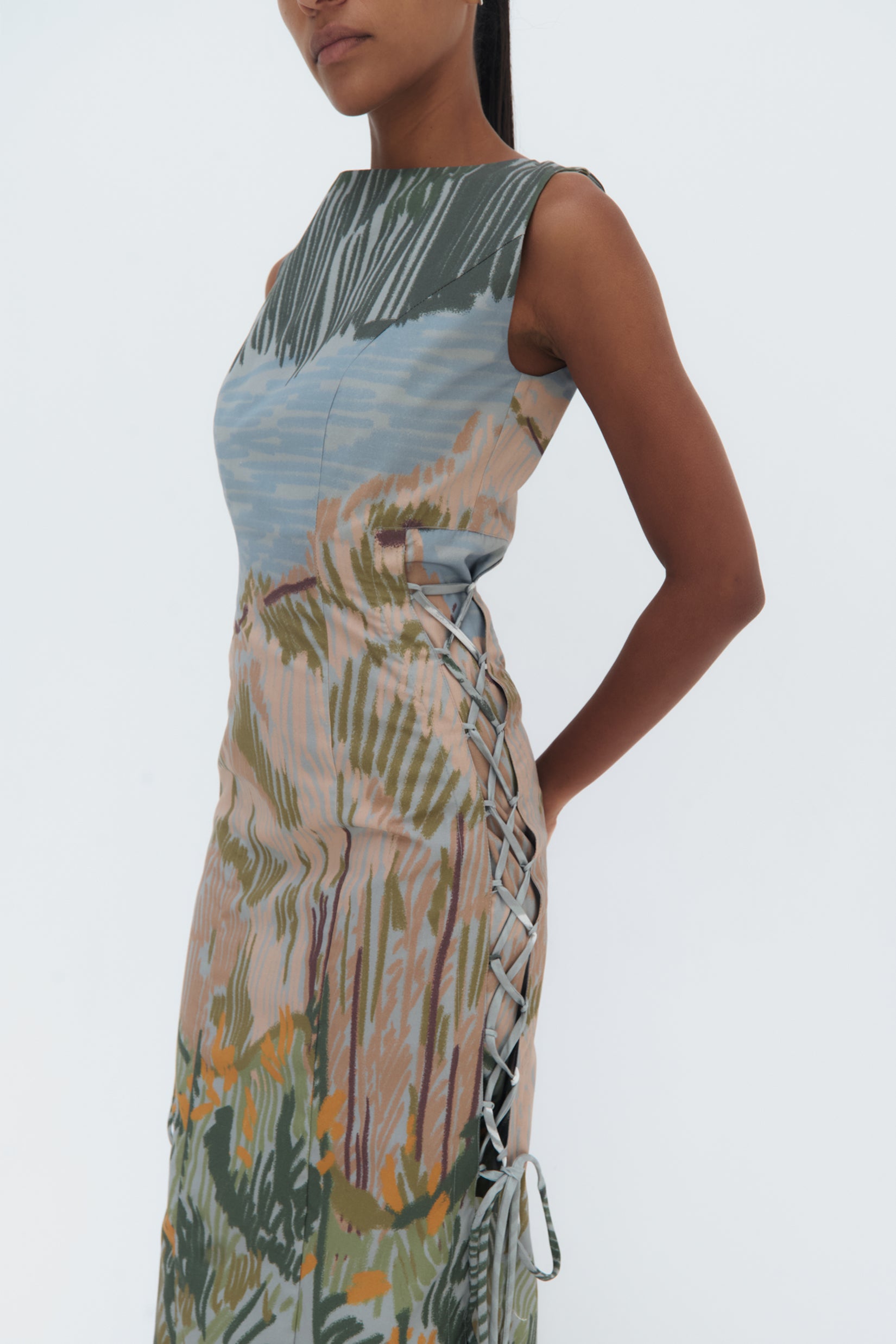 Detail of cotton and lace fabric with abstract Andean print