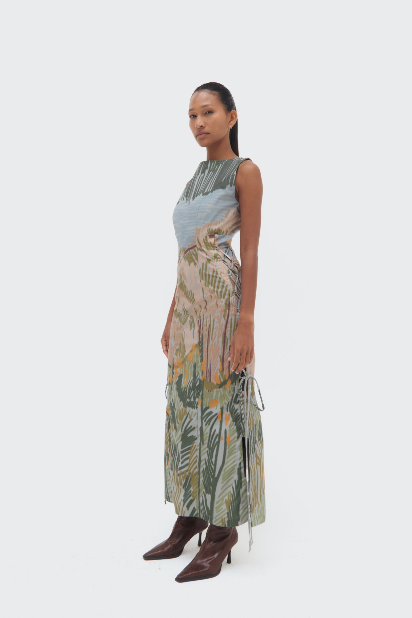 Side view of the Andean Abstract Dress by Olga Fisch with lace side panels
