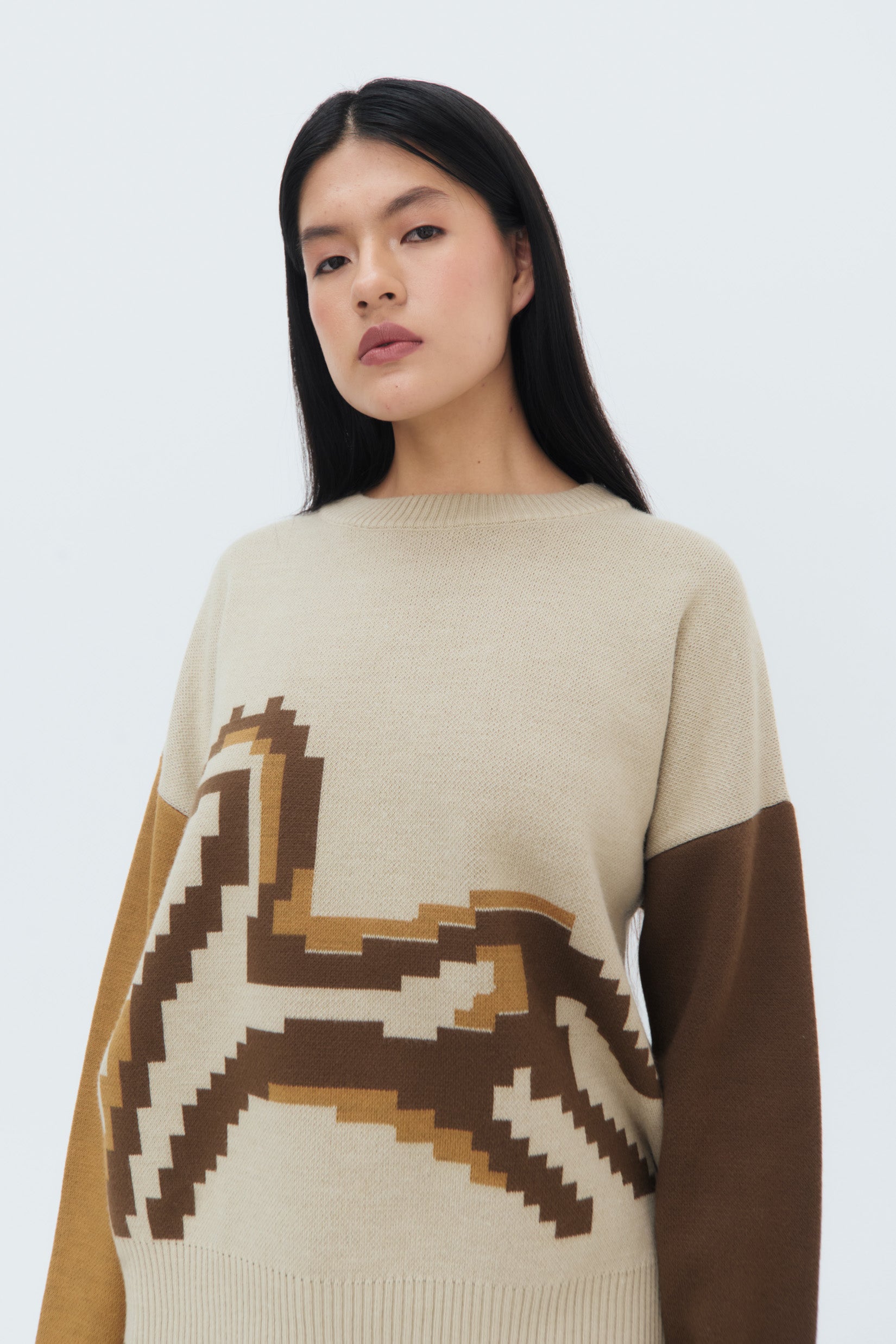 Detail View Model wearing the Caballito Sweater – beige and brown geometric horse motif