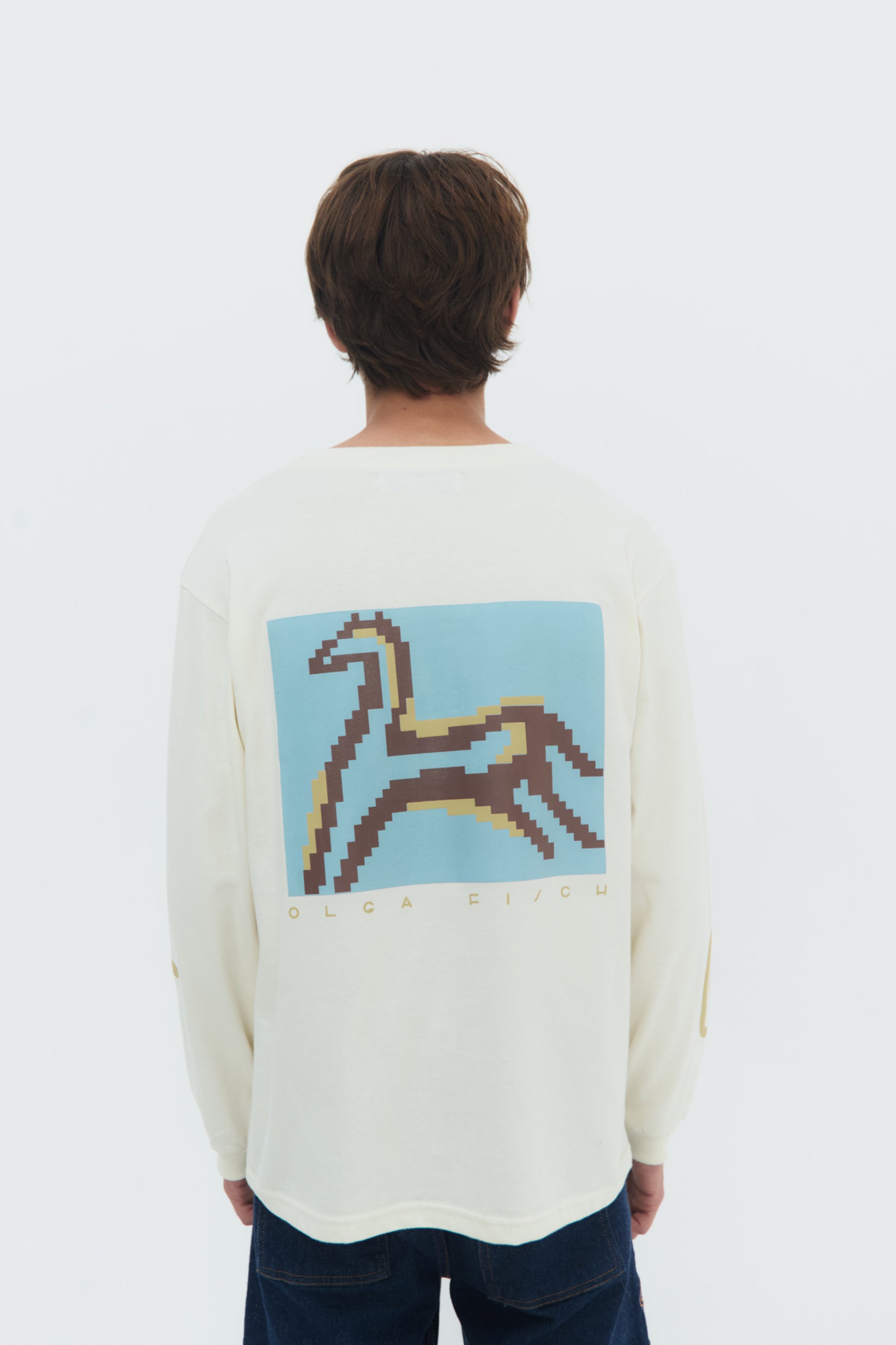 Back View Caballito Long-Sleeve T-Shirt by Olga Fisch – cotton tee with artwork screen print