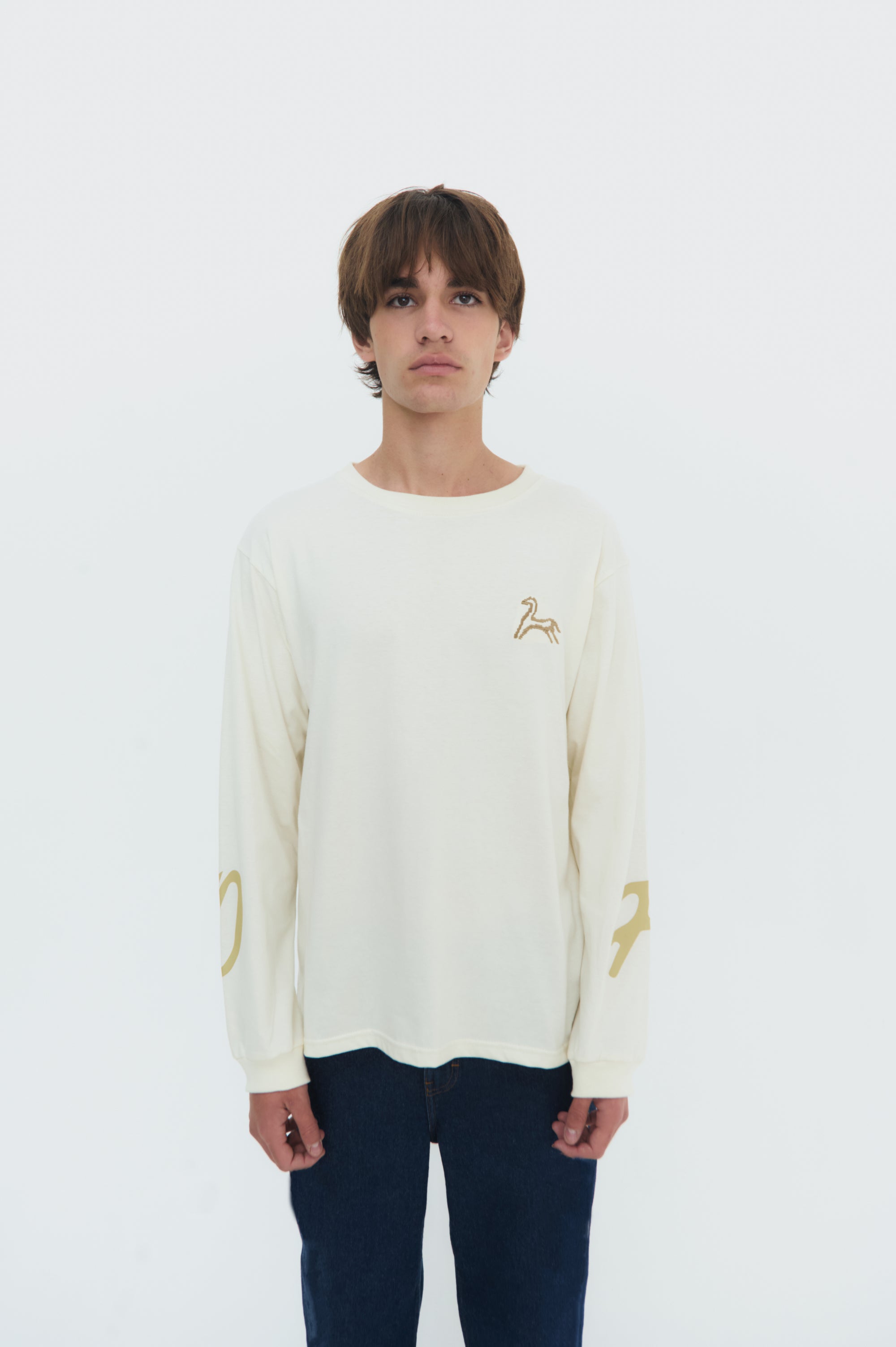 Front View Caballito Long-Sleeve T-Shirt by Olga Fisch – cotton tee with artwork screen print