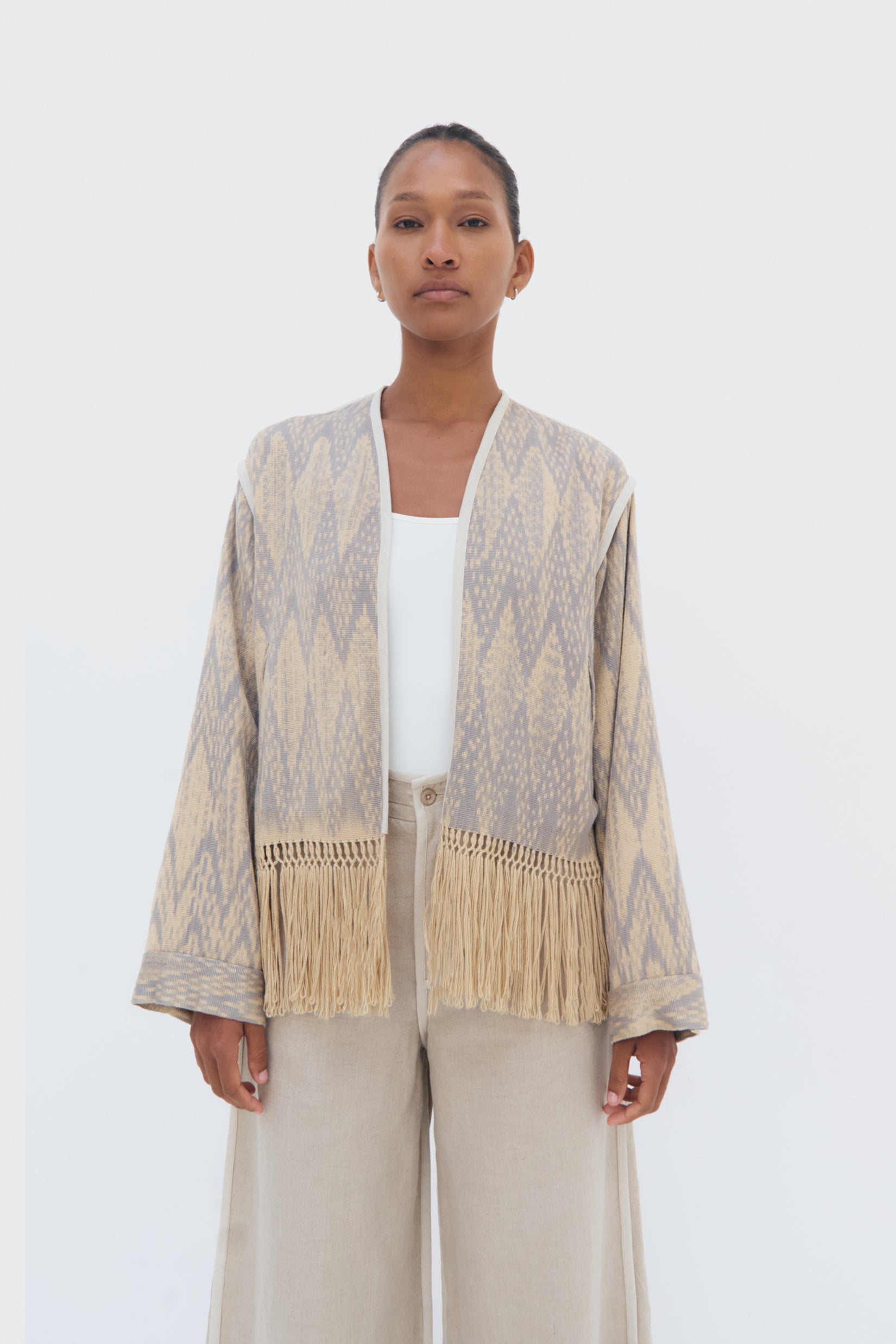 Chakana Jacket by Olga Fisch – handwoven cotton and silk jacket with macramé fringe