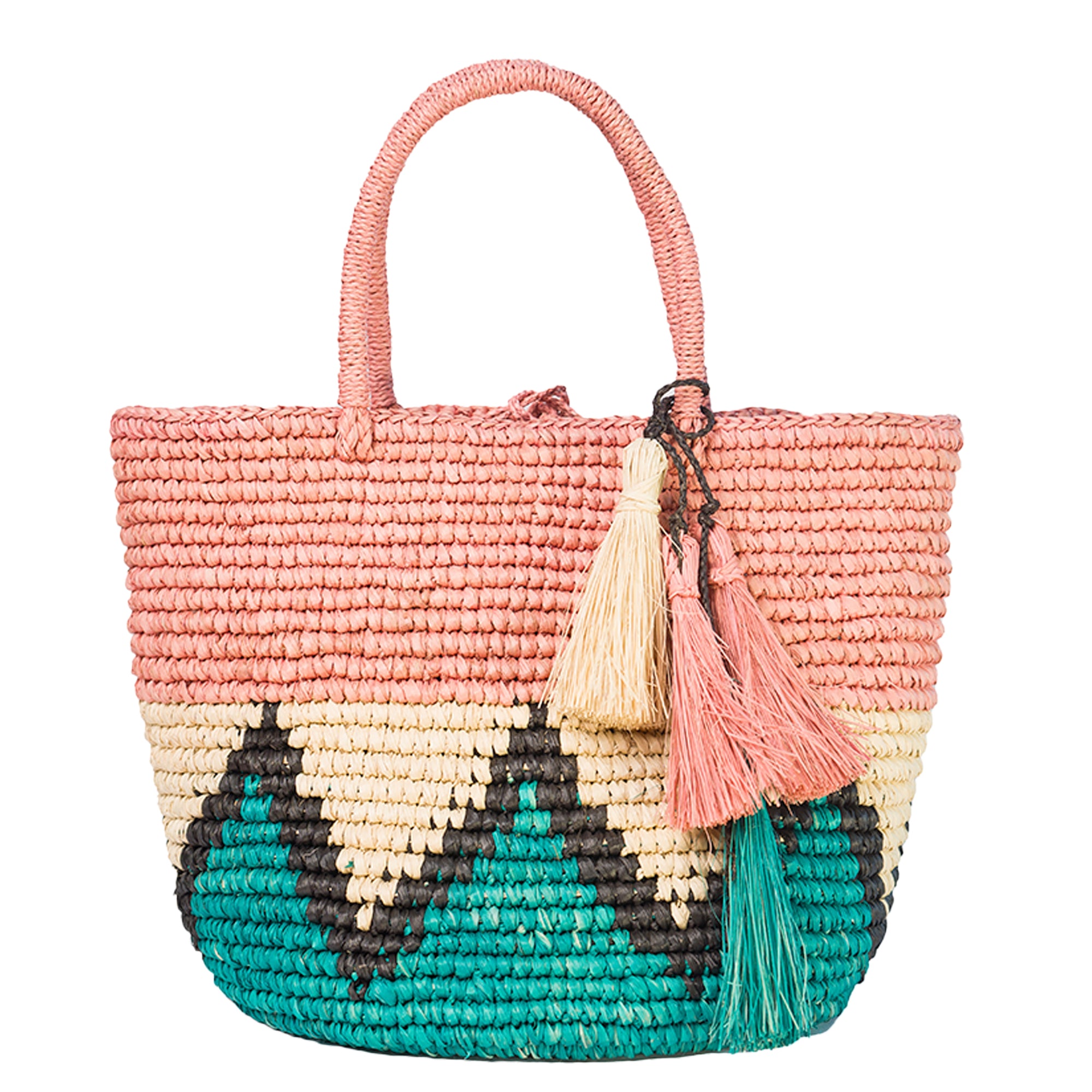 Handwoven Elisa toquilla straw basket bag with tassels, handcrafted in Ecuador