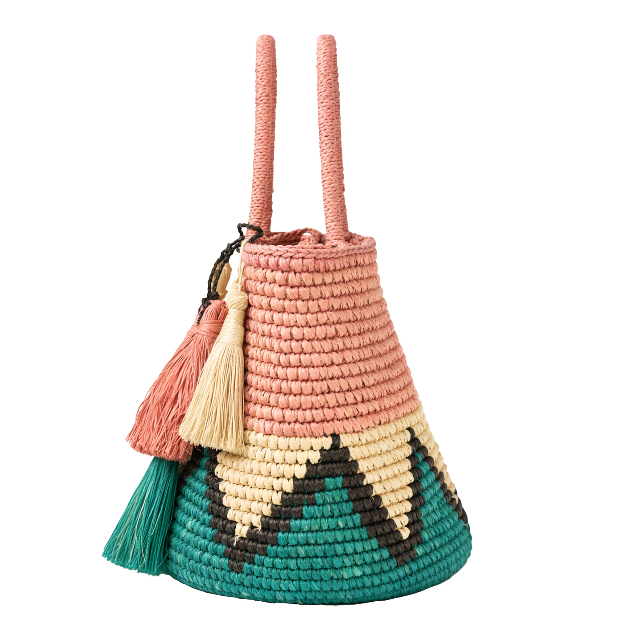 Handwoven Elisa toquilla straw basket bag with tassels, handcrafted in Ecuador