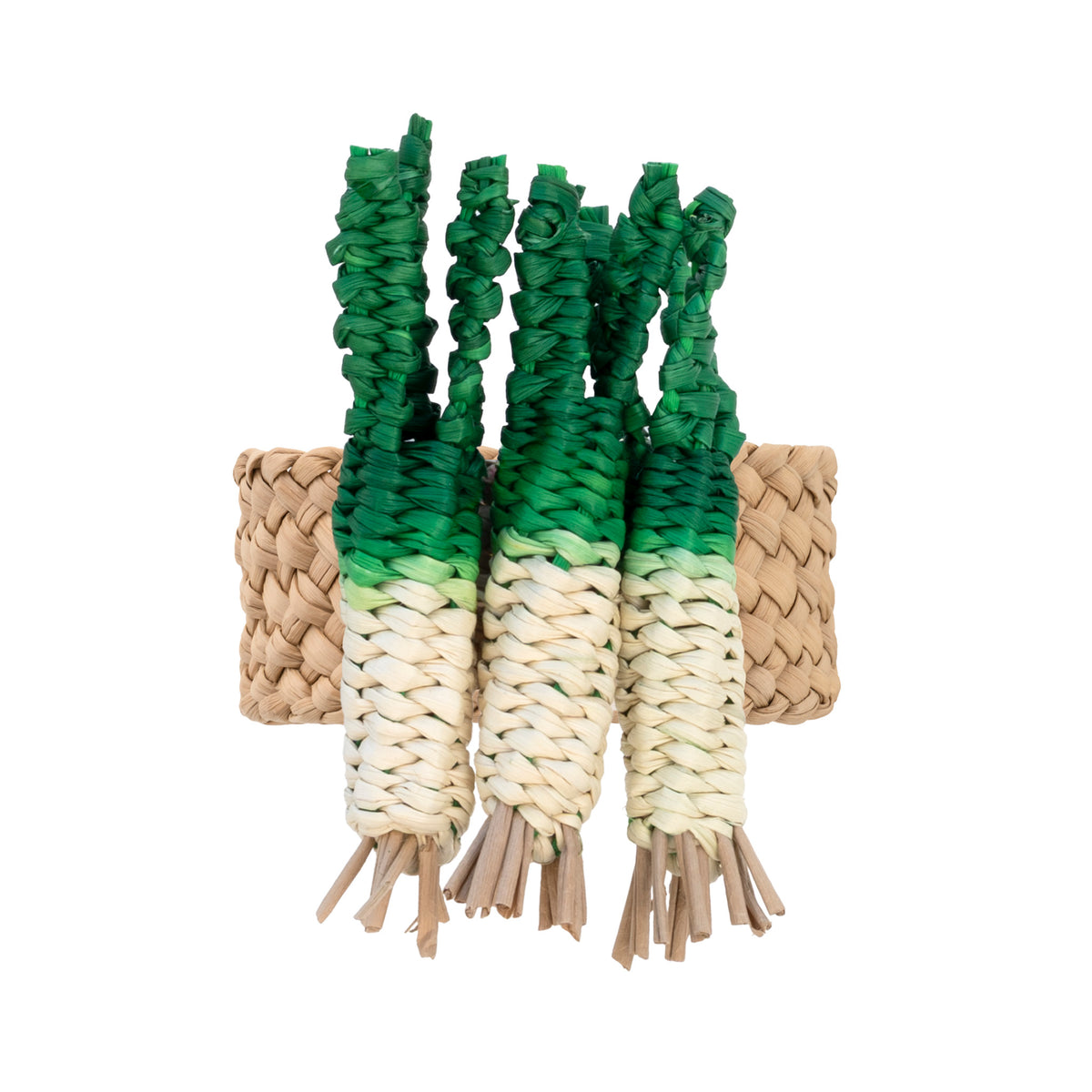 Handwoven white onion toquilla straw napkin ring with green tops.