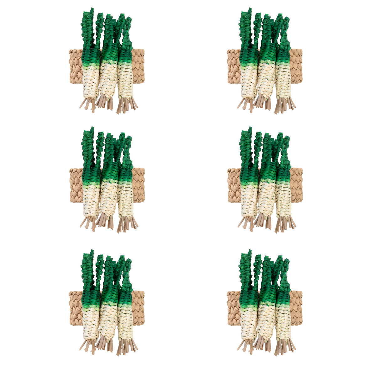 Set of six handwoven white onion toquilla straw napkin rings.