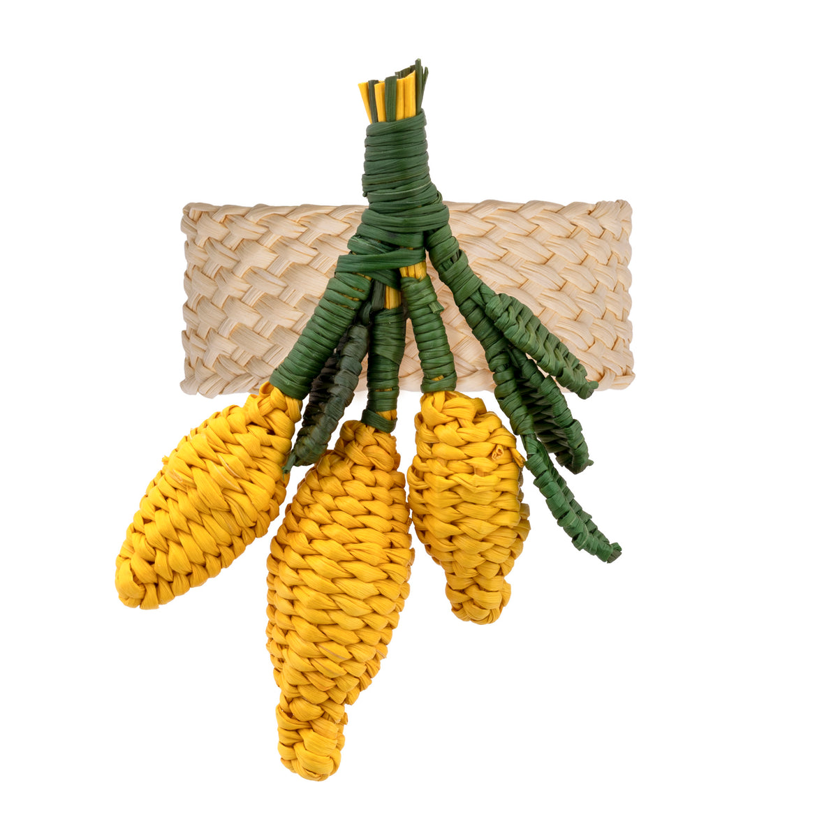 Handwoven yellow pepper toquilla straw napkin ring with green stems.