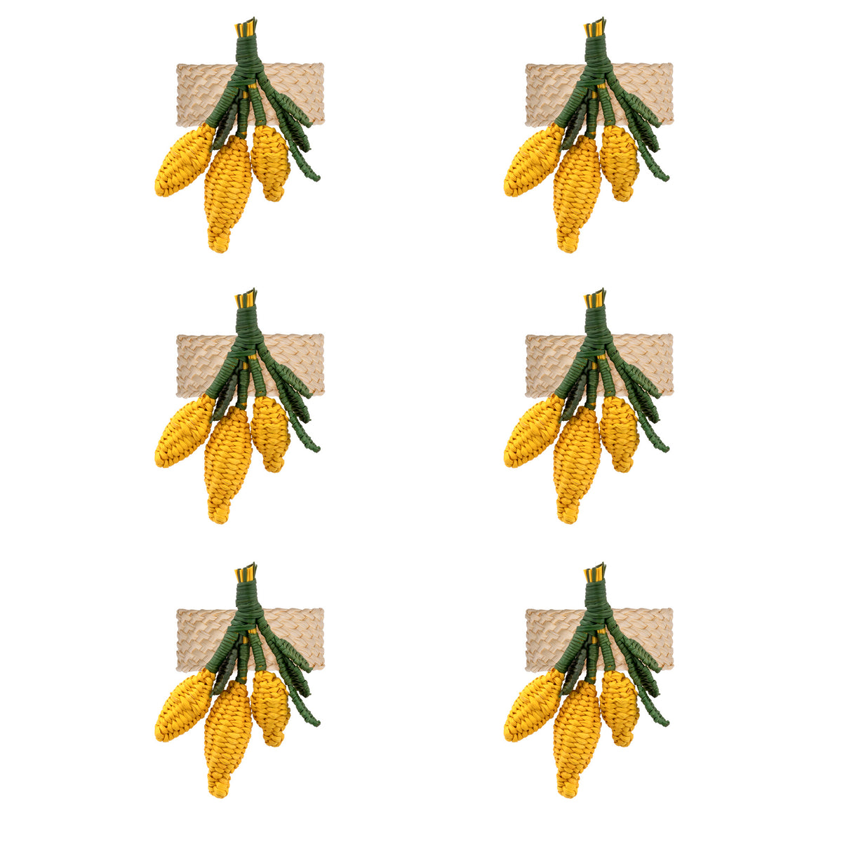Set of six handwoven yellow pepper toquilla straw napkin rings.