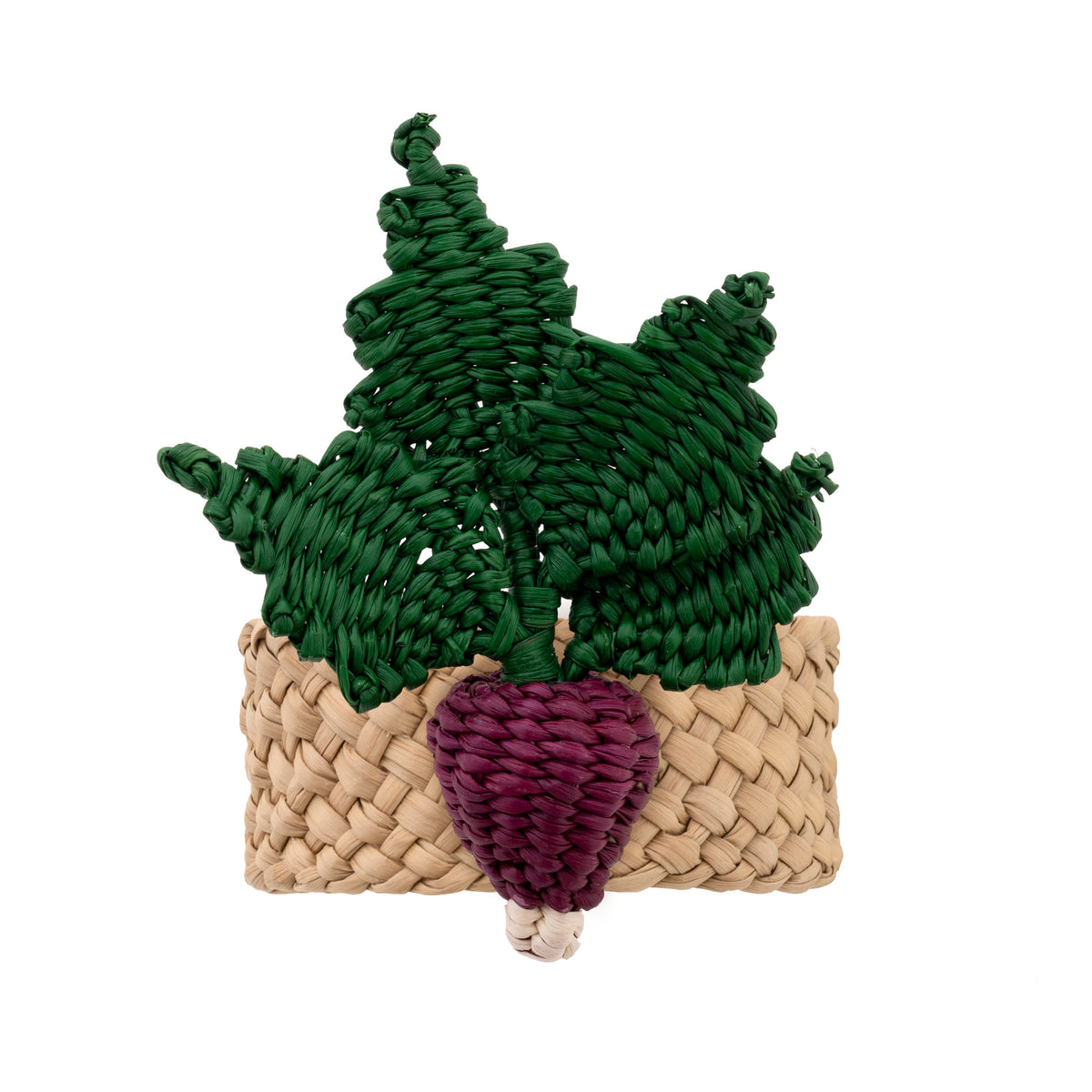 Handwoven purple radish toquilla straw napkin ring with green leaves.