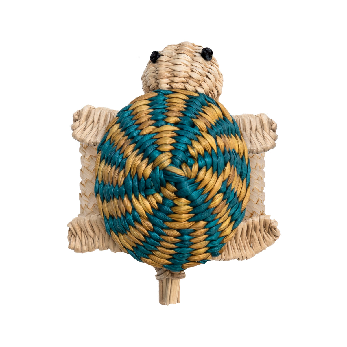 Handwoven toquilla straw turtle napkin ring with yellow and teal shell.