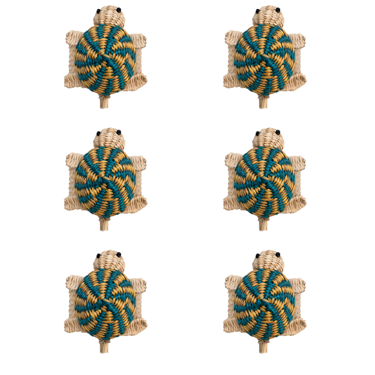 Set of six handwoven yellow turtle toquilla straw napkin rings.
