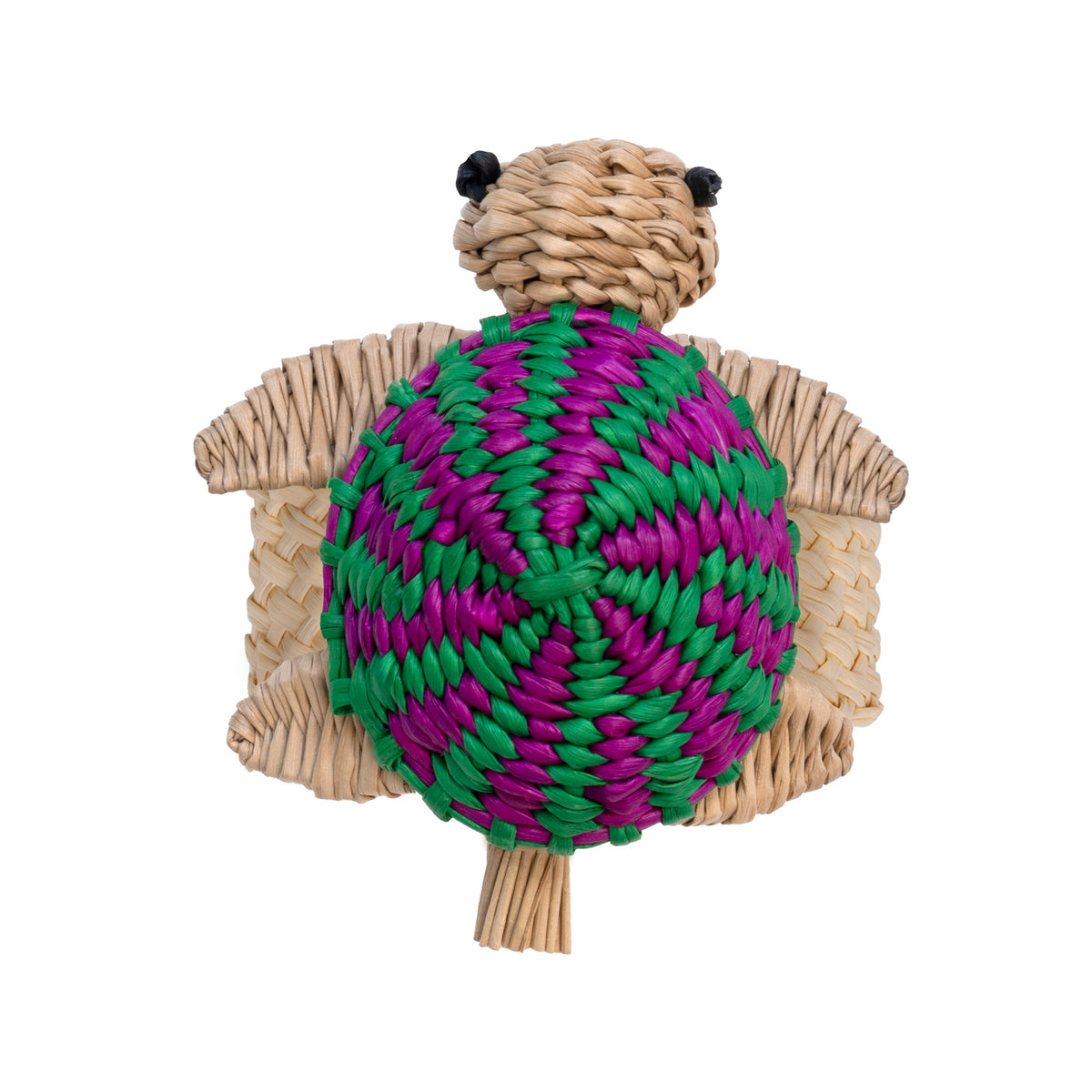 Handwoven toquilla straw turtle napkin ring with green and purple shell.