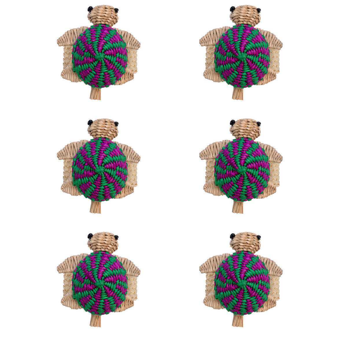 Set of six handwoven green turtle toquilla straw napkin rings.