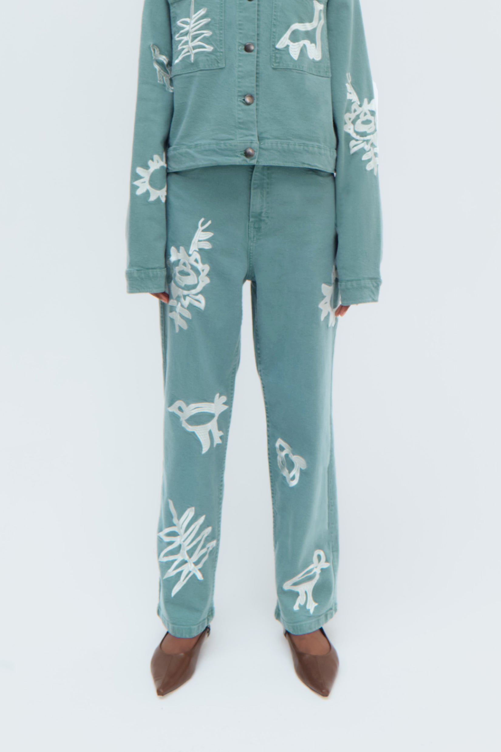 Iconos Jeans in Aqua Green by Olga Fisch – embroidered straight-fit cotton denim pants