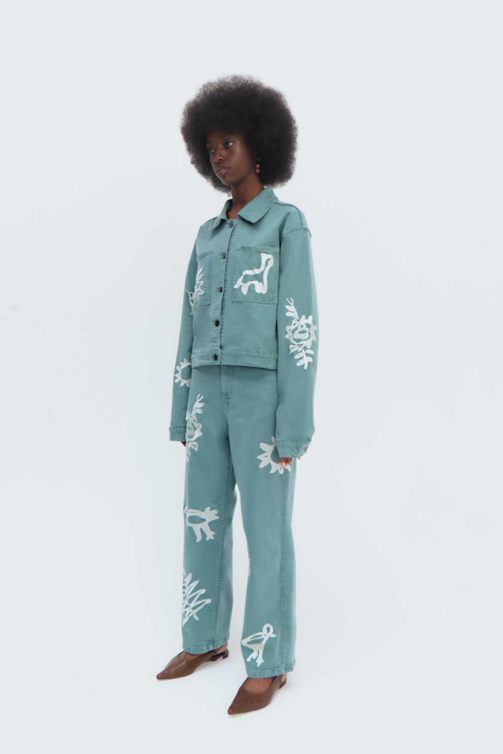 Side View Iconos Jeans in Aqua Green by Olga Fisch – embroidered straight-fit cotton denim pants
