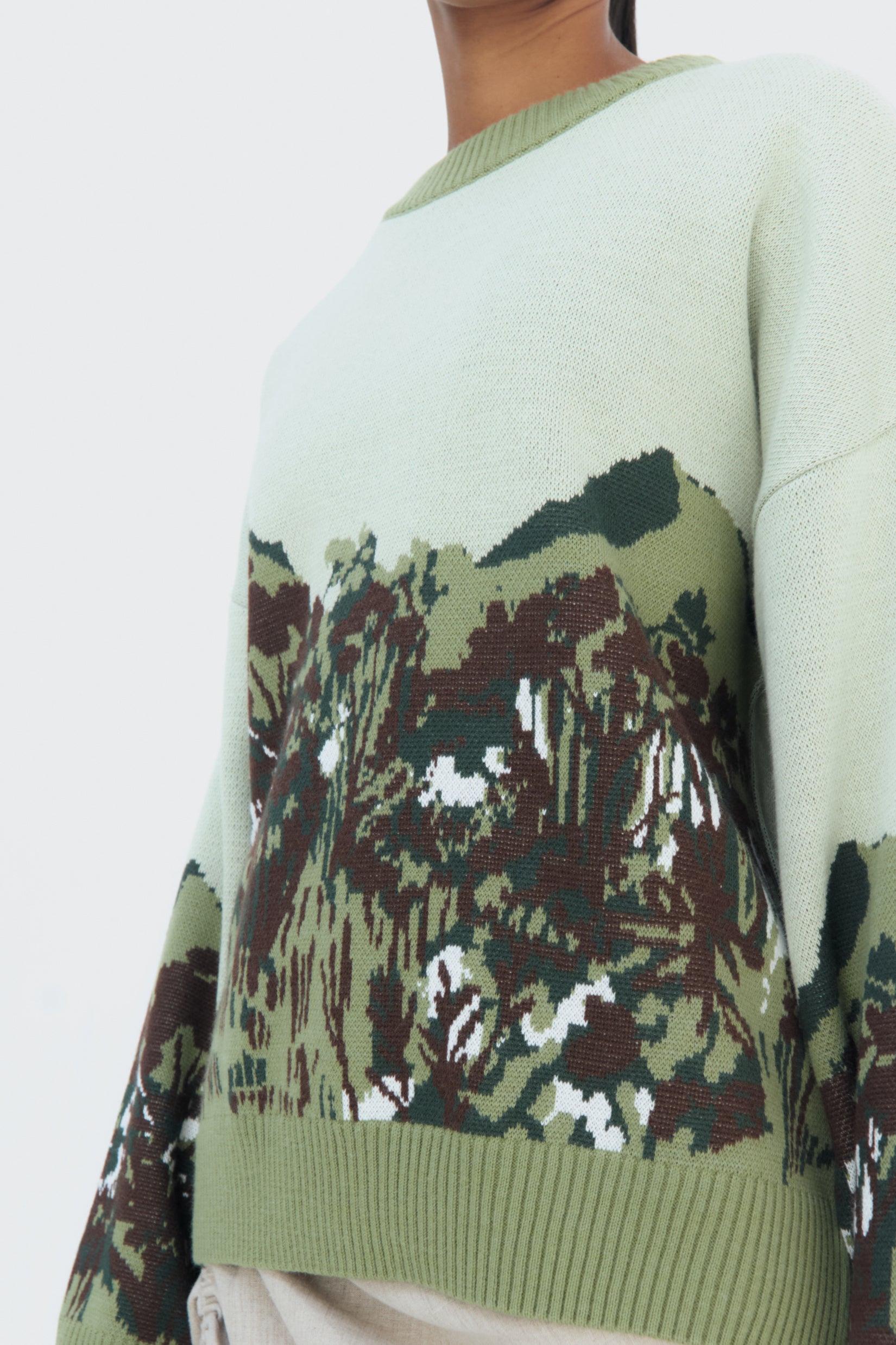 Details of the Jungla Sweater by Olga Fisch – cotton-viscose knit with abstract  landscape design
