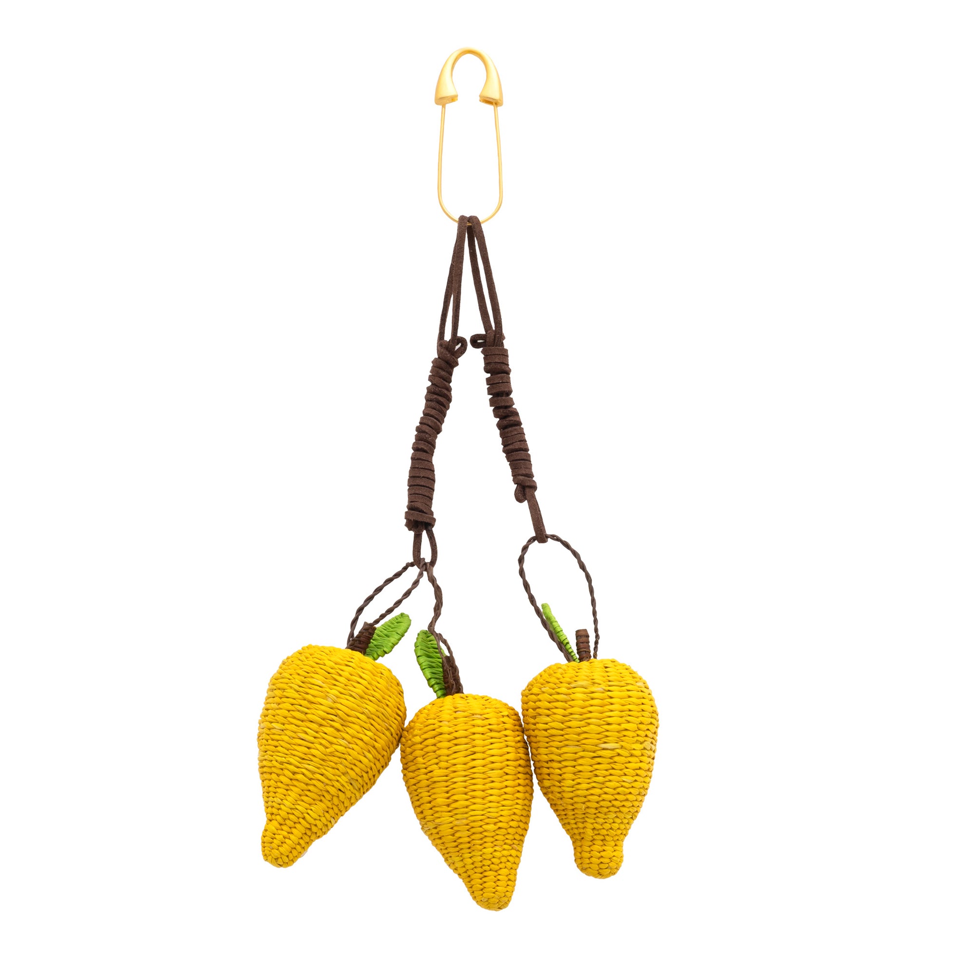 Handwoven Lemons toquilla straw bag charm with yellow lemon motifs and metal clip.