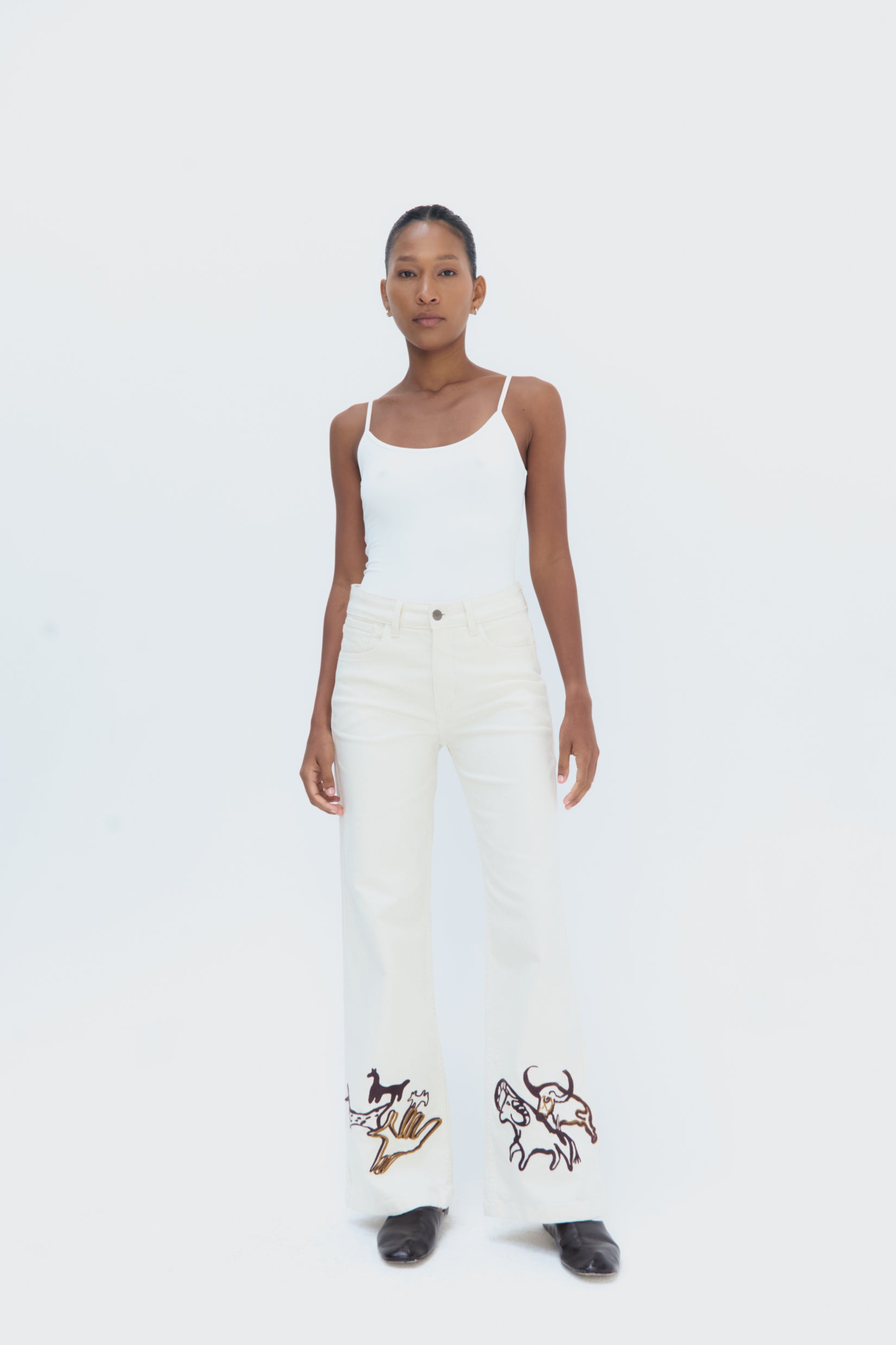 Total view Mammout Jeans by Olga Fisch – flared embroidered cotton denim pants