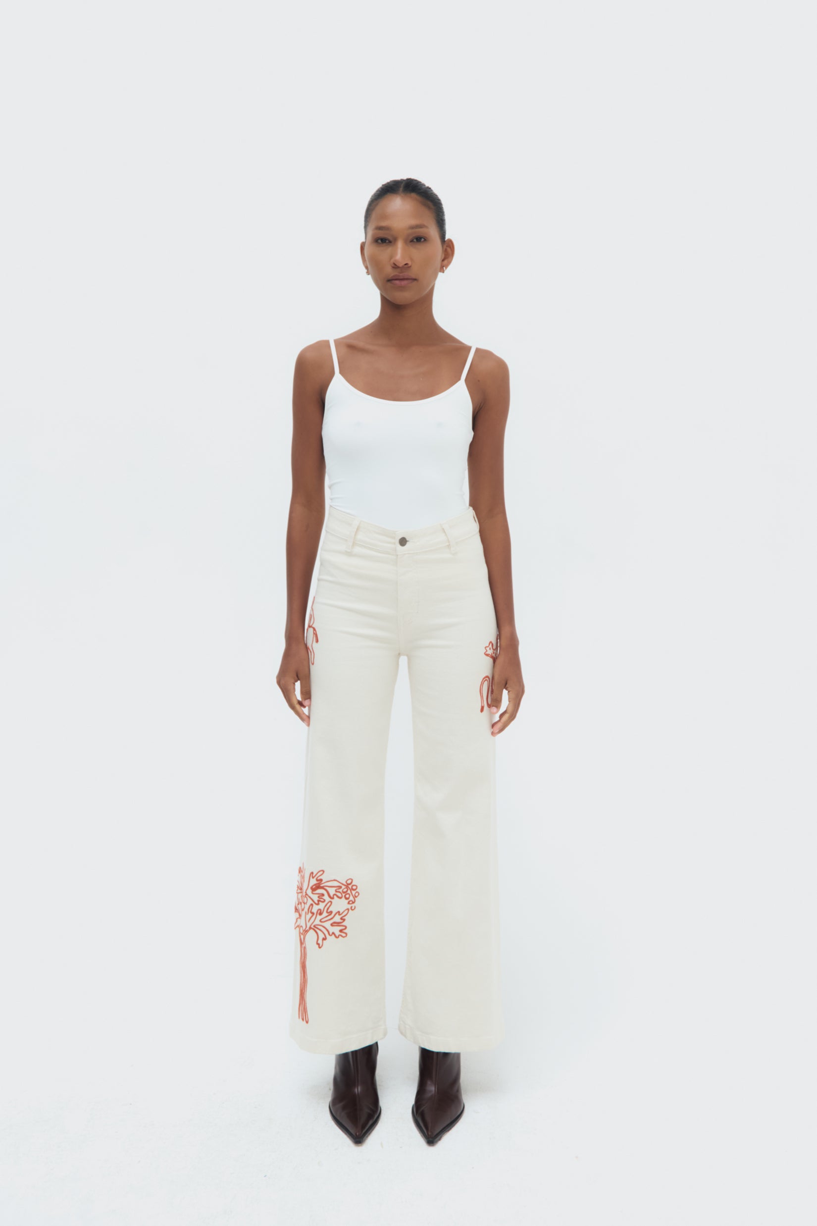 Total View of Munay Jeans by Olga Fisch showing embroidered details on cotton denim