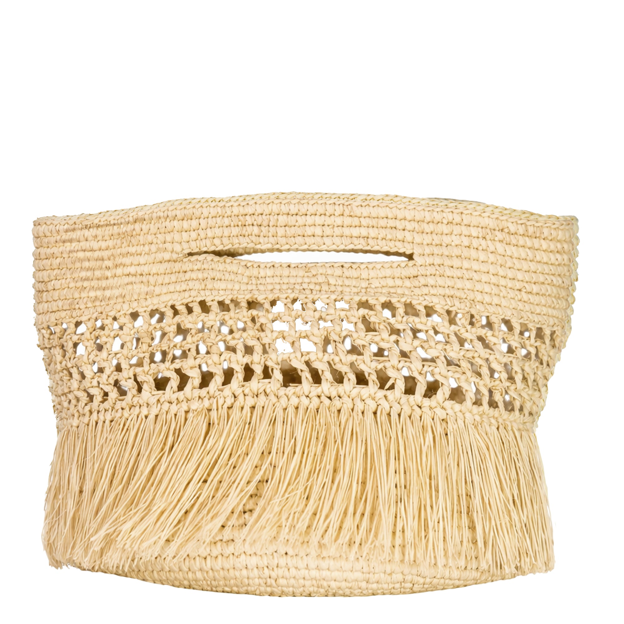 Handwoven Paola toquilla straw clutch in natural fiber with fringe detailing