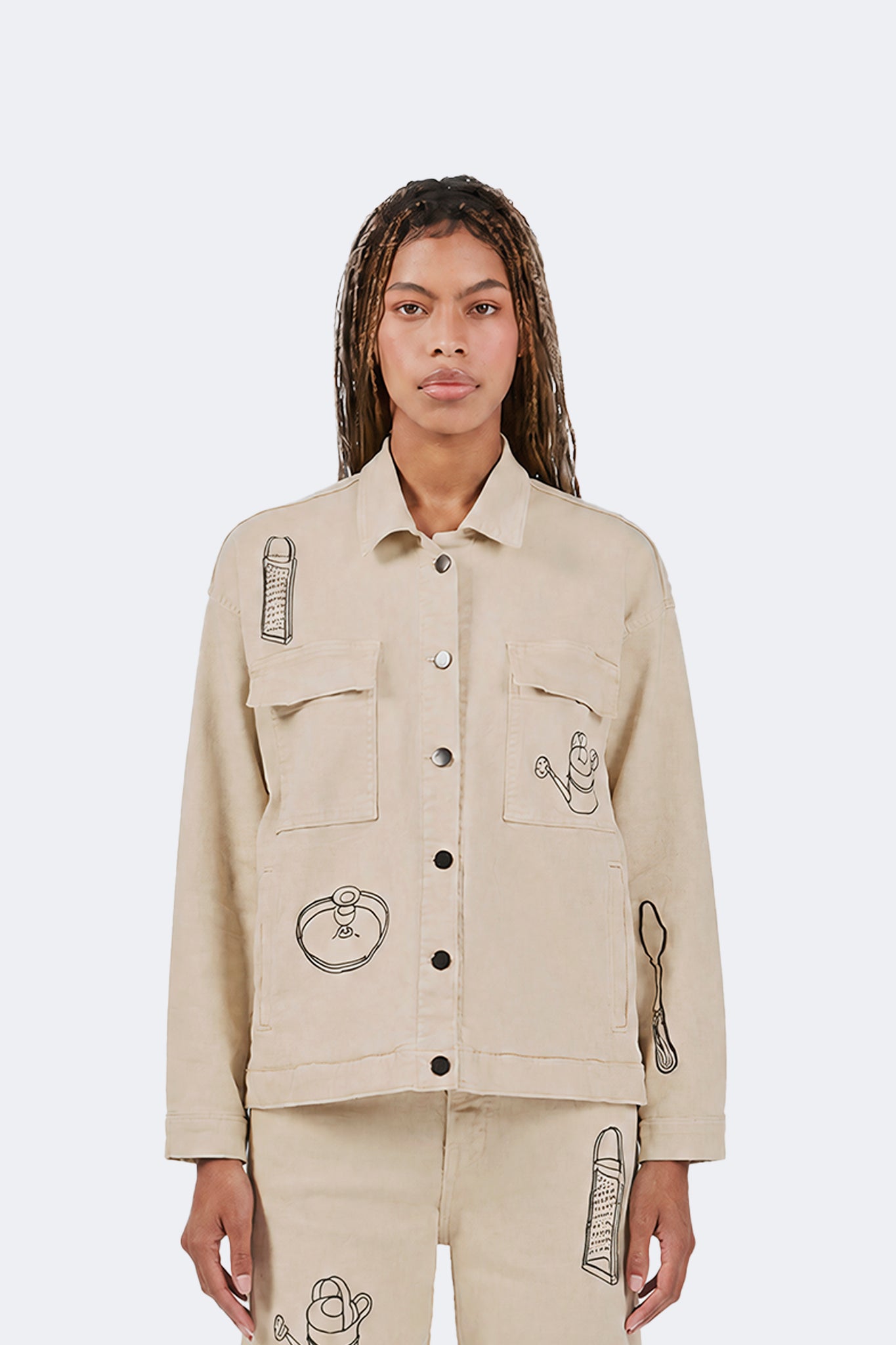 Payla Workman Jacket in Cream front view featuring archive-inspired embroidery.