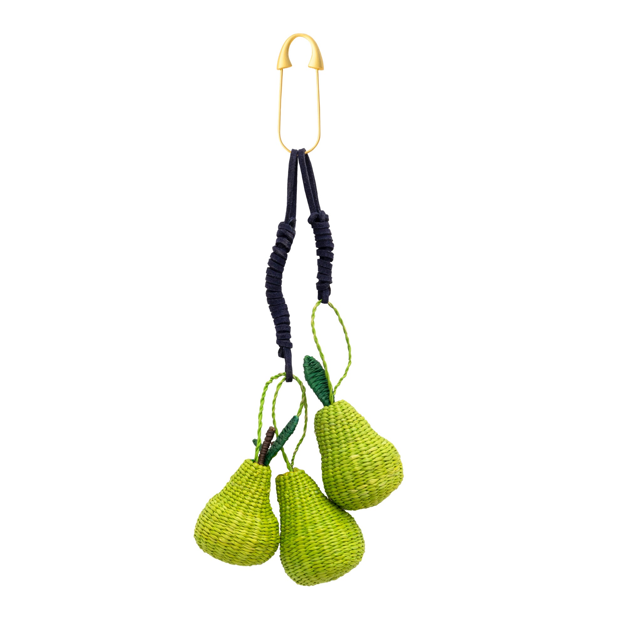 Pears Toquilla Straw Bag Charm with handwoven green pear motifs, woven leaves, leather cords and gold-tone metal clip.