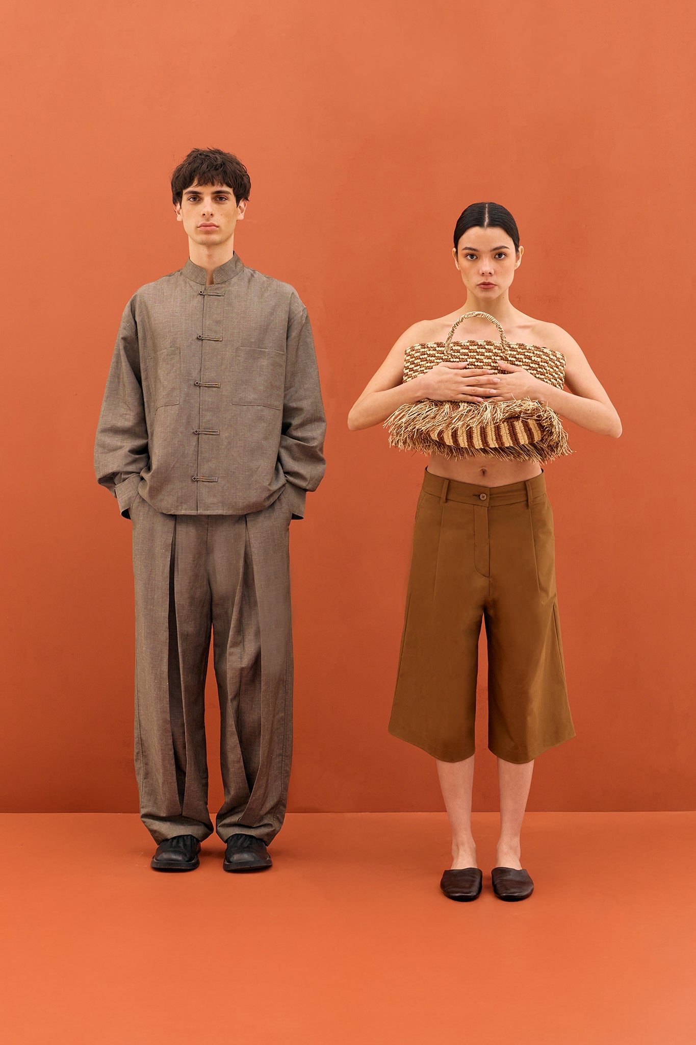 Pita Mao Collared Shirt in Grey with Mao collar and frog-button closure, editorial styling.