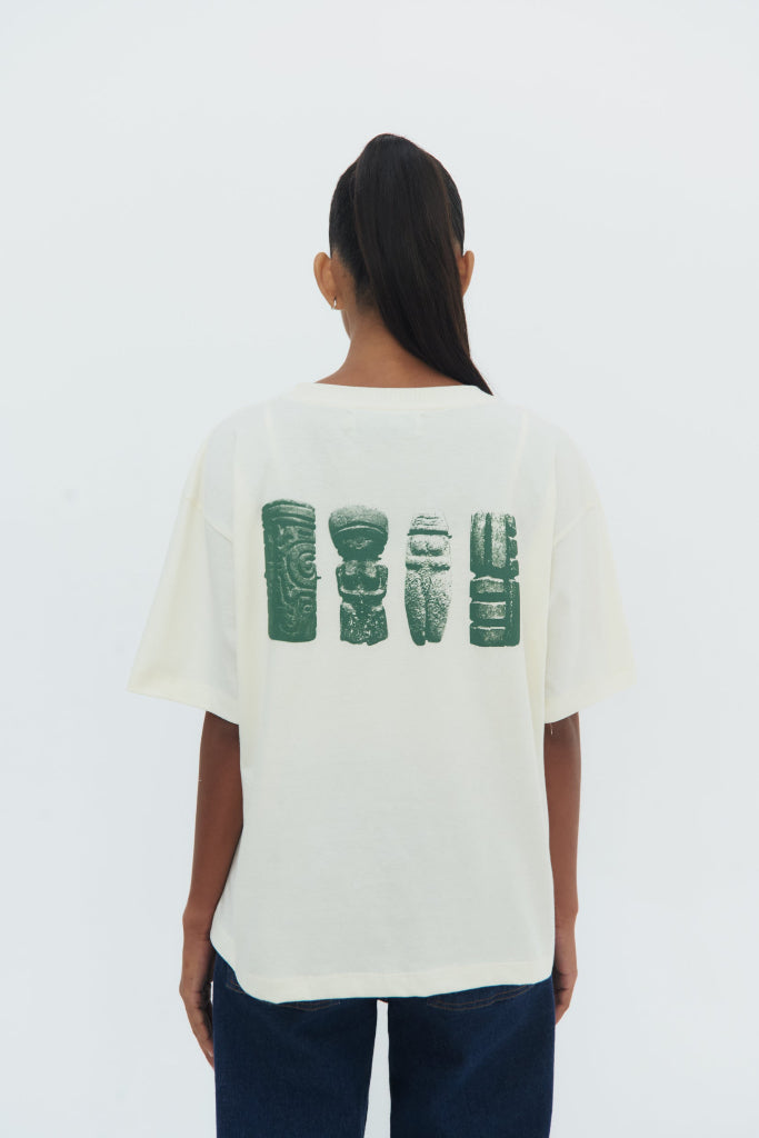 White cotton Pondo T-Shirt with Pre-Columbian inspired screen print, relaxed fit and crew neckline by Olga Fisch.