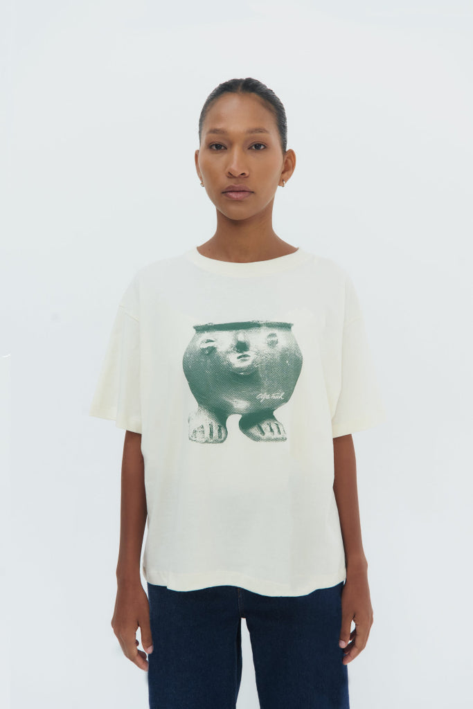 White cotton Pondo T-Shirt with Pre-Columbian inspired screen print, relaxed fit and crew neckline by Olga Fisch.