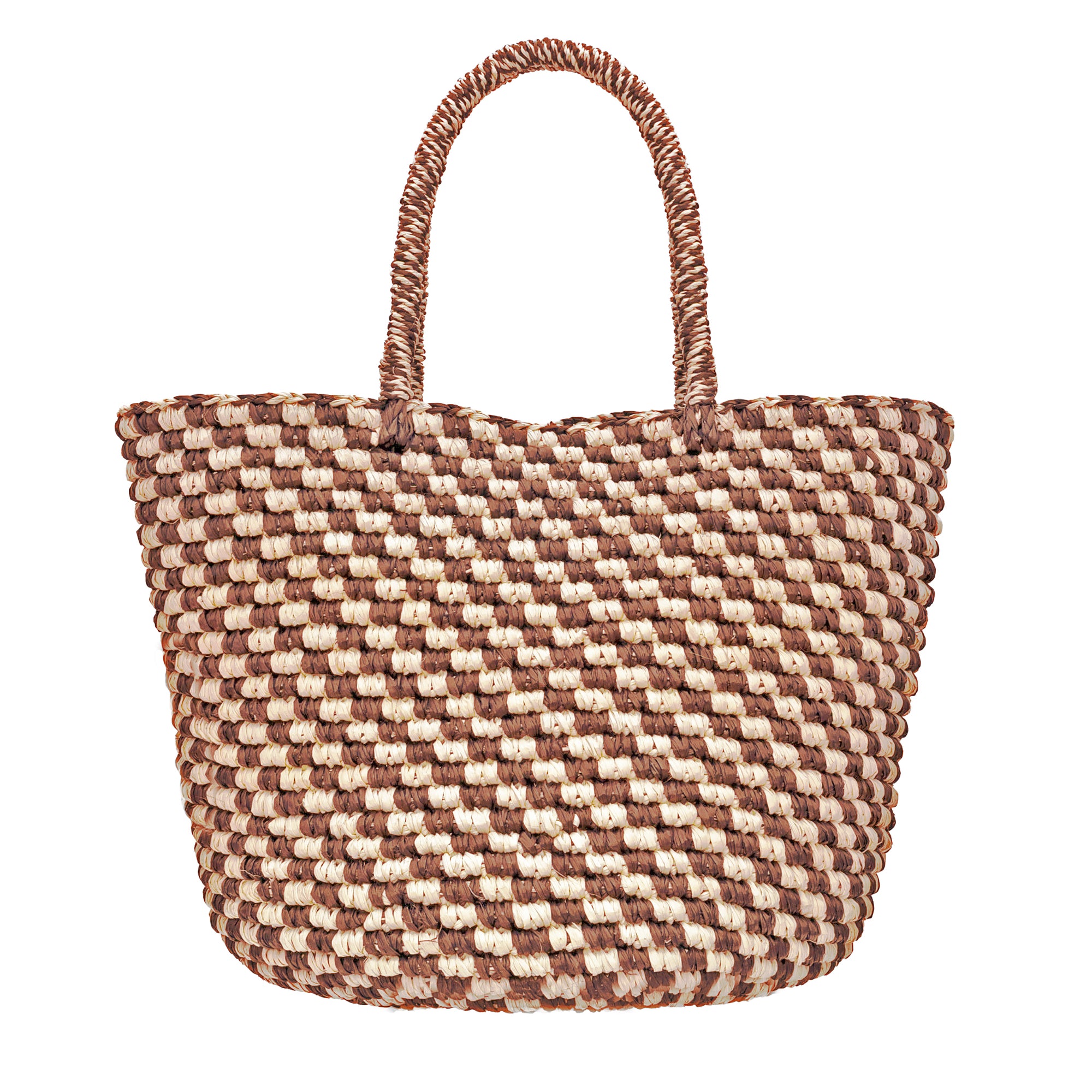 Woven brown and beige tote bag on a white background