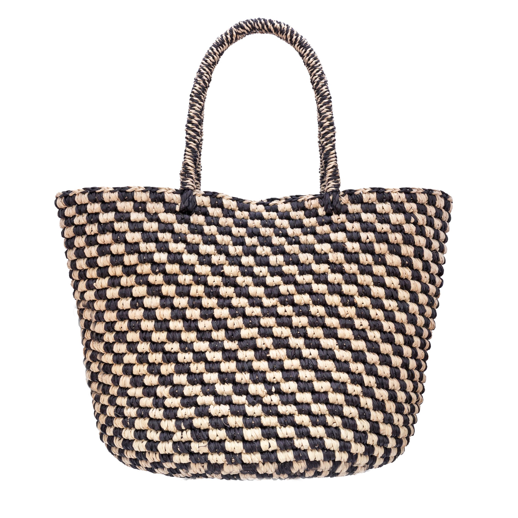 Woven tote bag with black and beige pattern on a white background