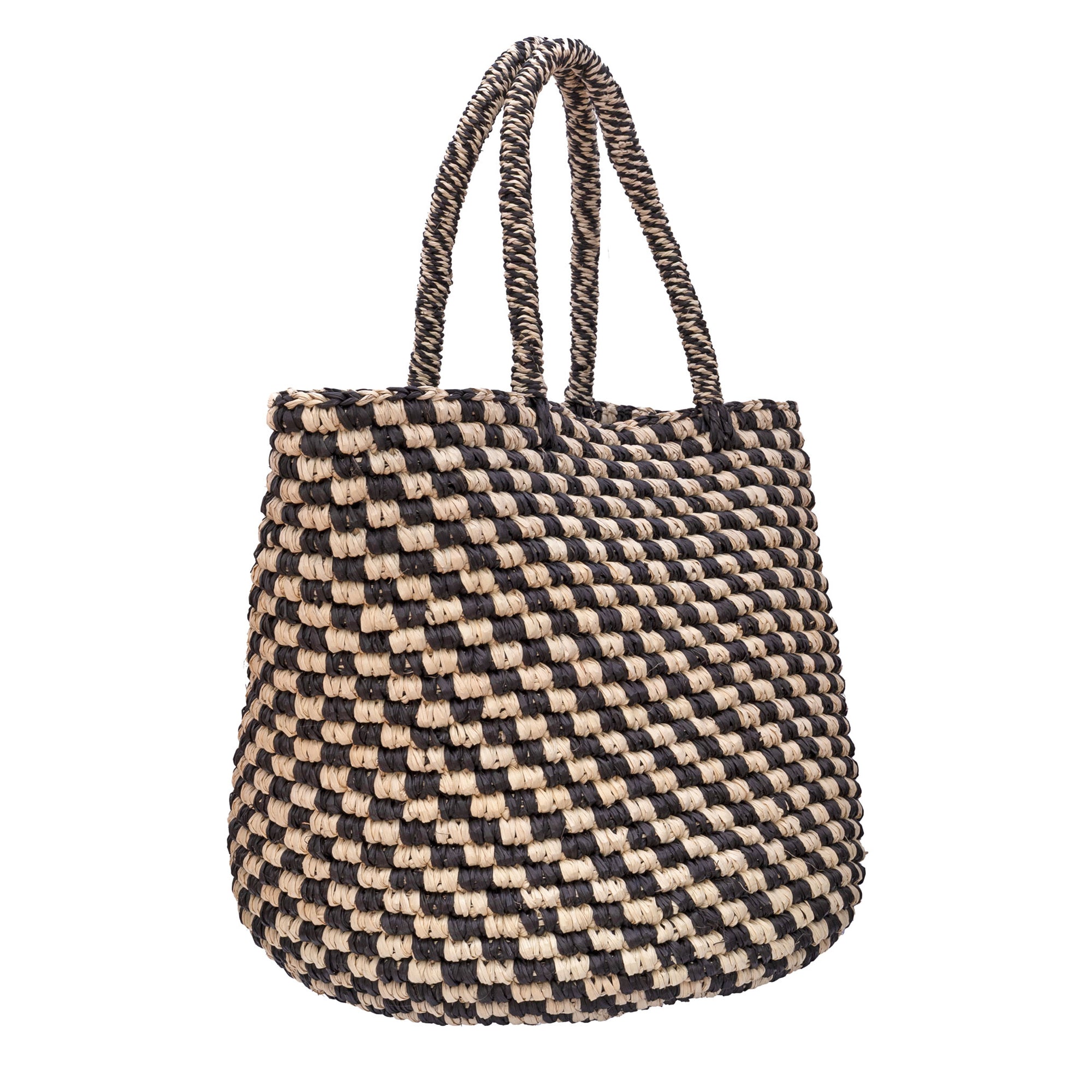 Woven tote bag with black and beige checkered pattern on a white background