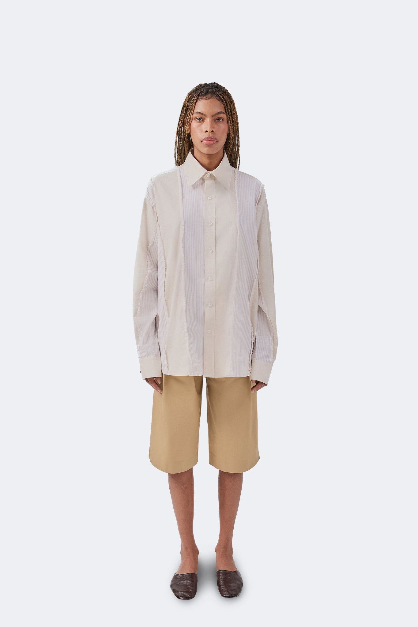 Front view of the Salango Striped Shirt in Sand crafted from lightweight 100% cotton with tonal striped panel construction and relaxed fit.