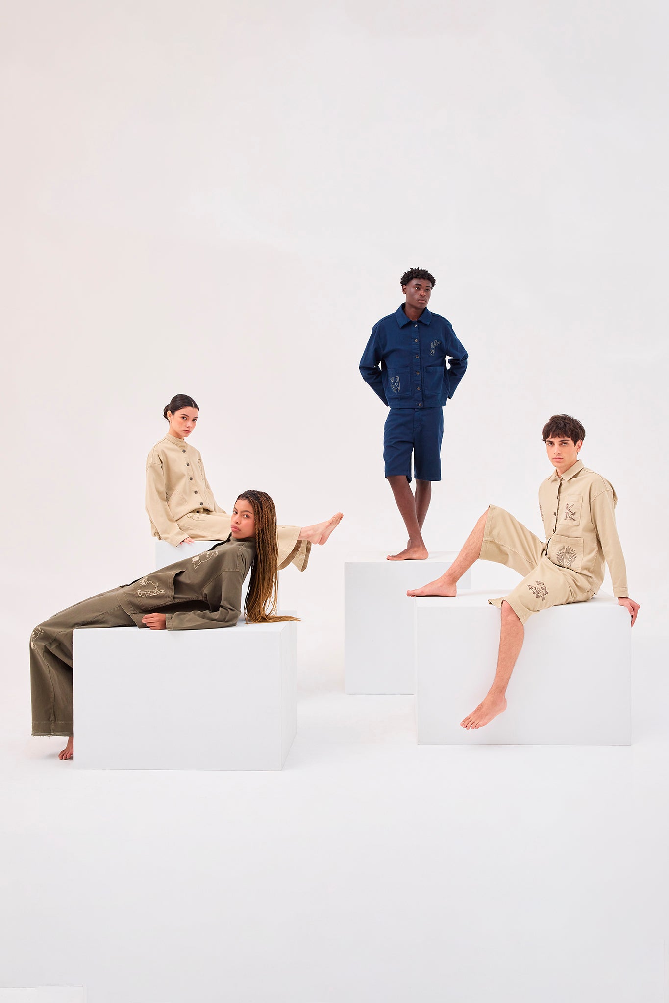 Editorial image featuring the Tolita Denim Utility Jacket, the Salango Workman Jacket and the Allpa Mandarin Jacket.