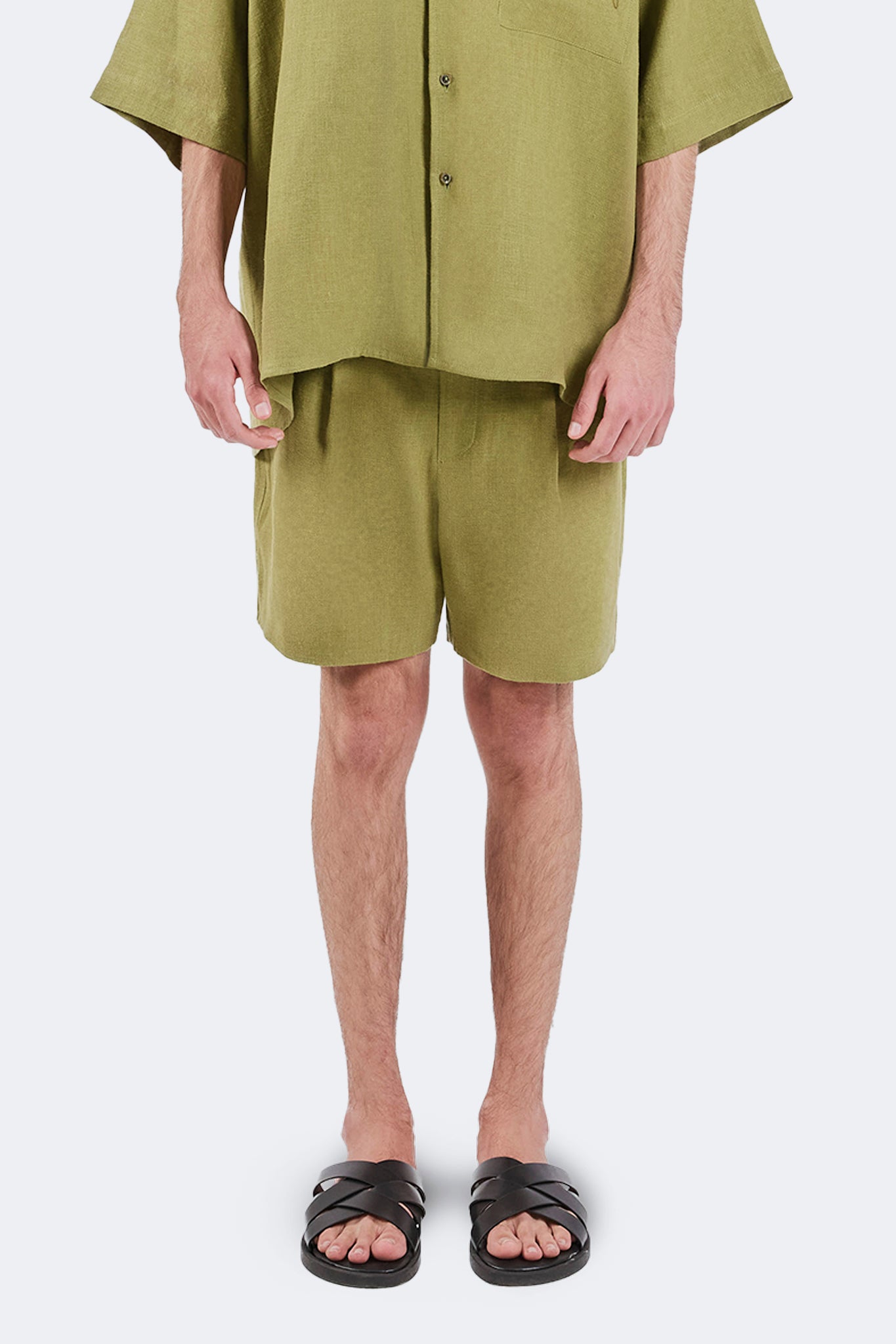 Close-up side view of San Cristobal Linen Shorts showcasing the natural linen texture and relaxed silhouette.