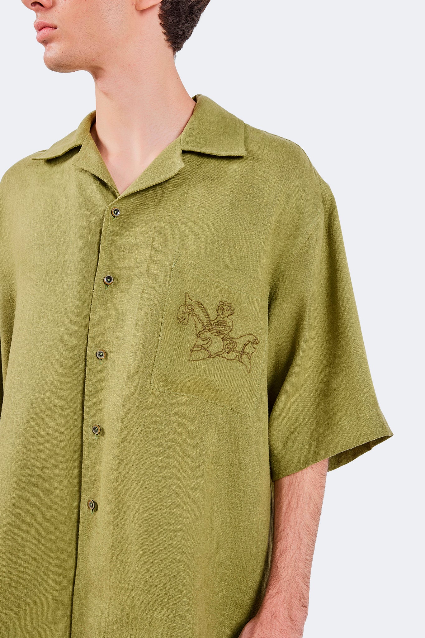 Close-up front detail of the San Cristobal Short-Sleeved Shirt highlighting the embroidered chest pocket and premium linen construction.