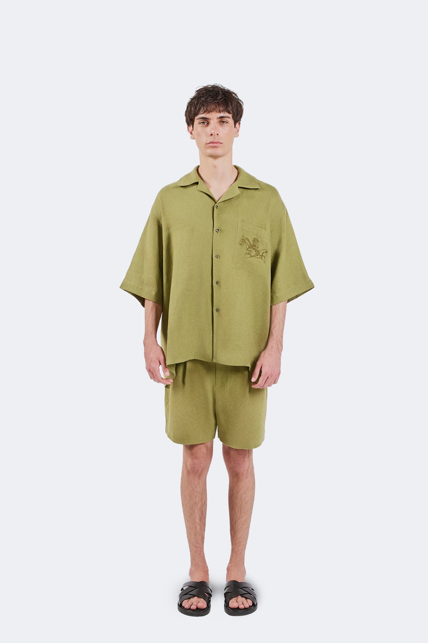 Front view of the San Cristobal Short-Sleeved Shirt in Moss with camp collar, button-front closure, and relaxed fit.