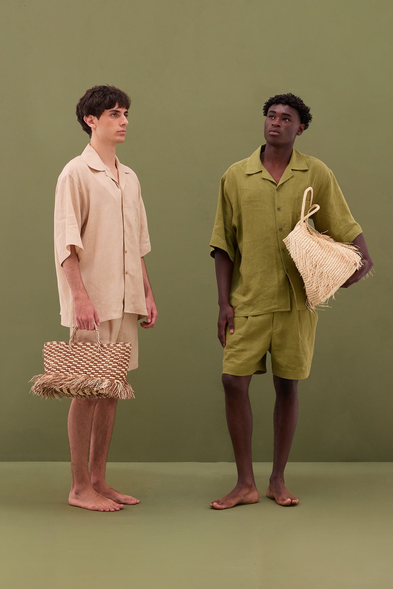 San Cristobal Linen Shorts and matching linen shirt in Moss, editorial styling.