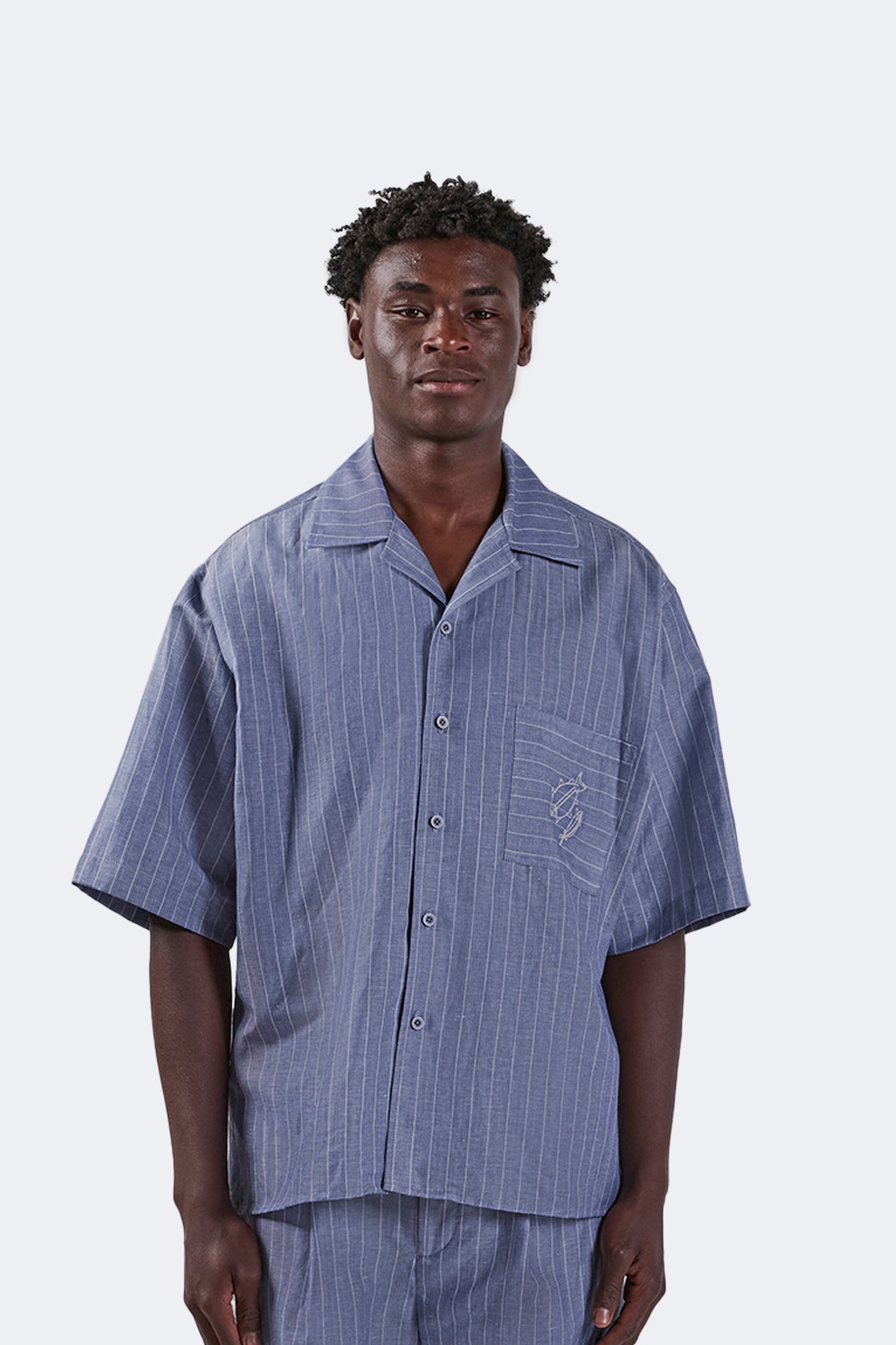 Front detail of the Santa Cruz Short-Sleeved Shirt in Indigo Pinstripe featuring an open camp collar, button front, and embroidered chest pocket.