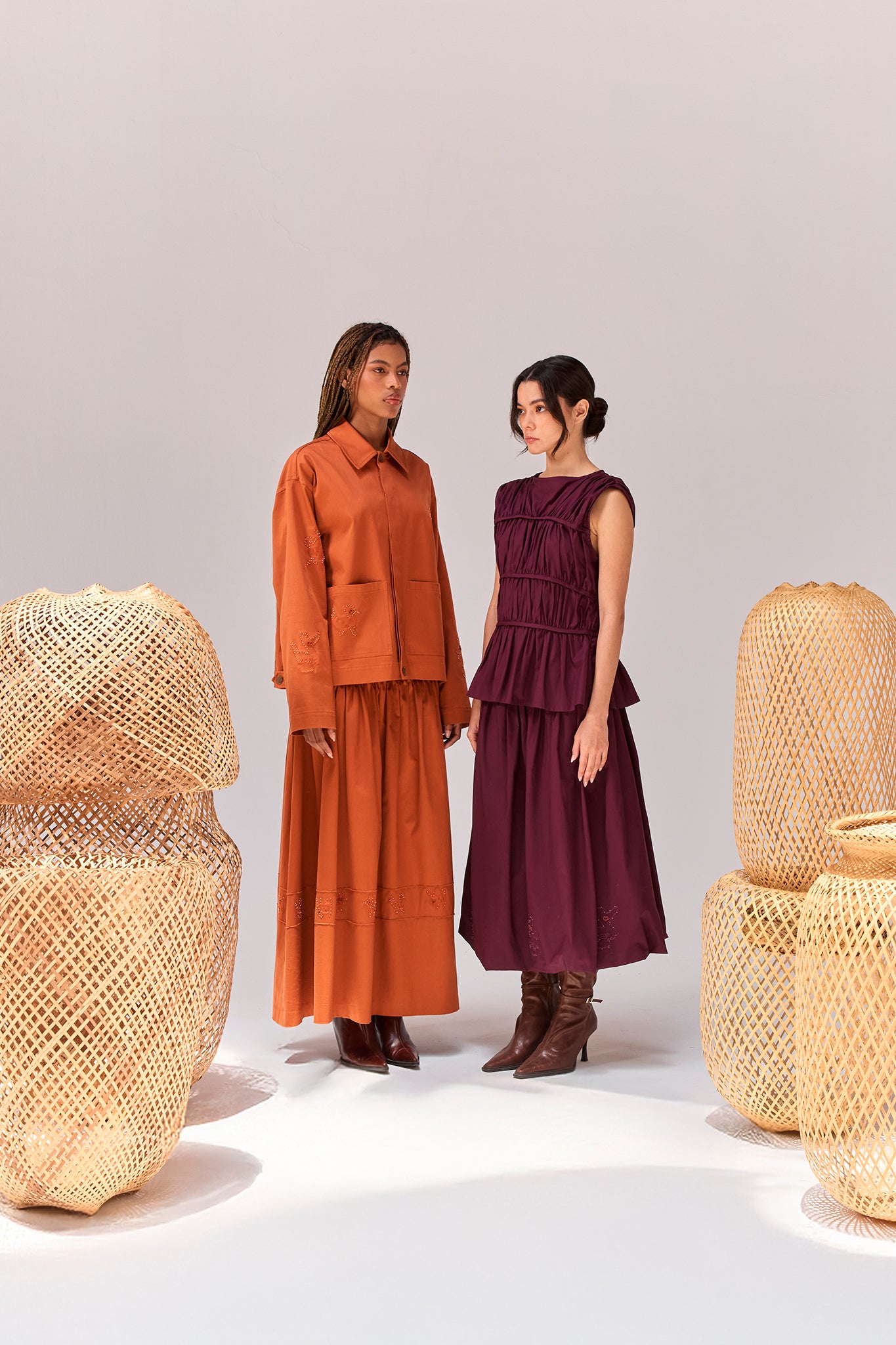 Editorial image featuring the Tolita Utility Jacket and the Palo Santo Gathered Blouse.